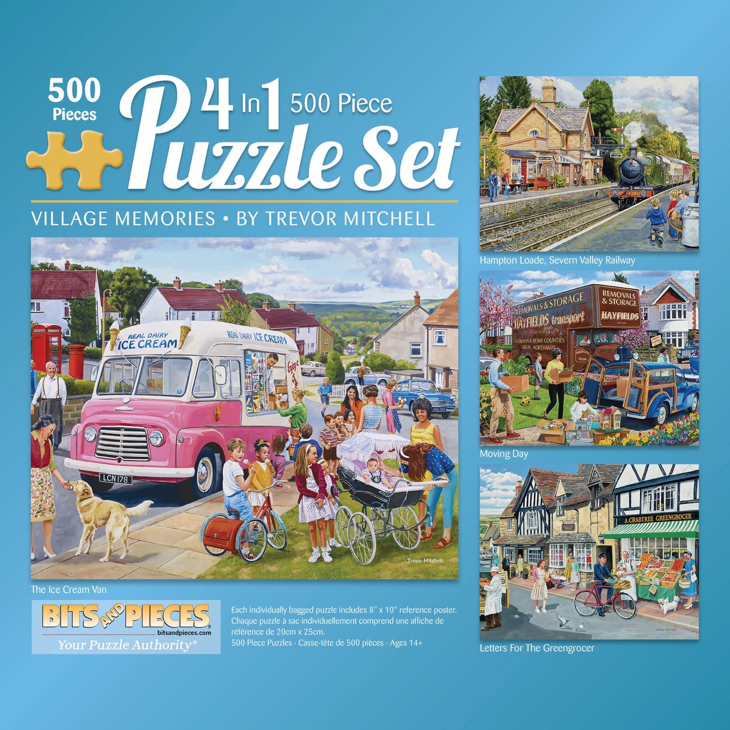 Bits and Pieces - 4-in-1 Multi-Pack 500 Piece Jigsaw Puzzles for Adults - illage Memories Jigsaw Puzzle Set Bundle by Trevor Mitchell, Completed