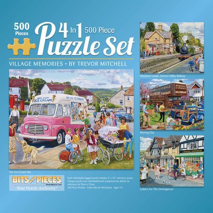 Bits and Pieces - 4-in-1 Multi-Pack 500 Piece Jigsaw Puzzles for Adults - illage Memories Jigsaw Puzzle Set Bundle by Trevor Mitchell, Completed