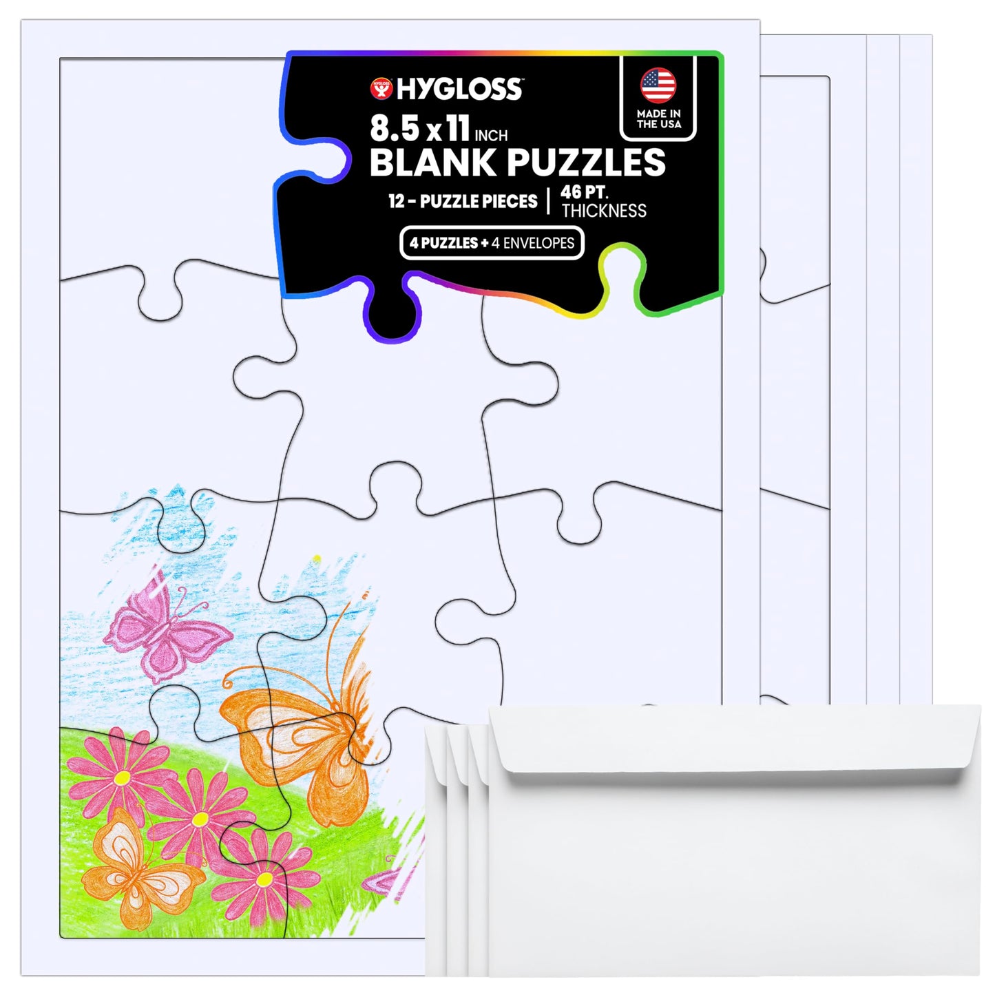 Hygloss 4 Blank Jigsaw Puzzles with Envelopes - 8.5 x 11 Inch, 12 Pieces Each - DYI Party invites, Perfect for Decorating, Kids' Activities, Arts