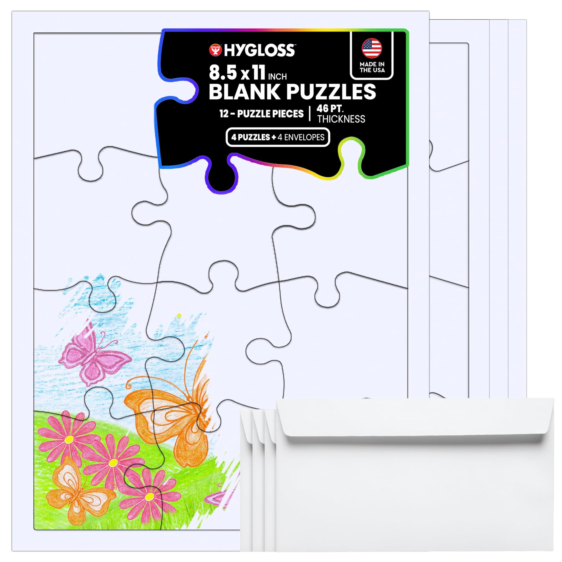 Hygloss 4 Blank Jigsaw Puzzles with Envelopes - 8.5 x 11 Inch, 12 Pieces Each - DYI Party invites, Perfect for Decorating, Kids' Activities, Arts