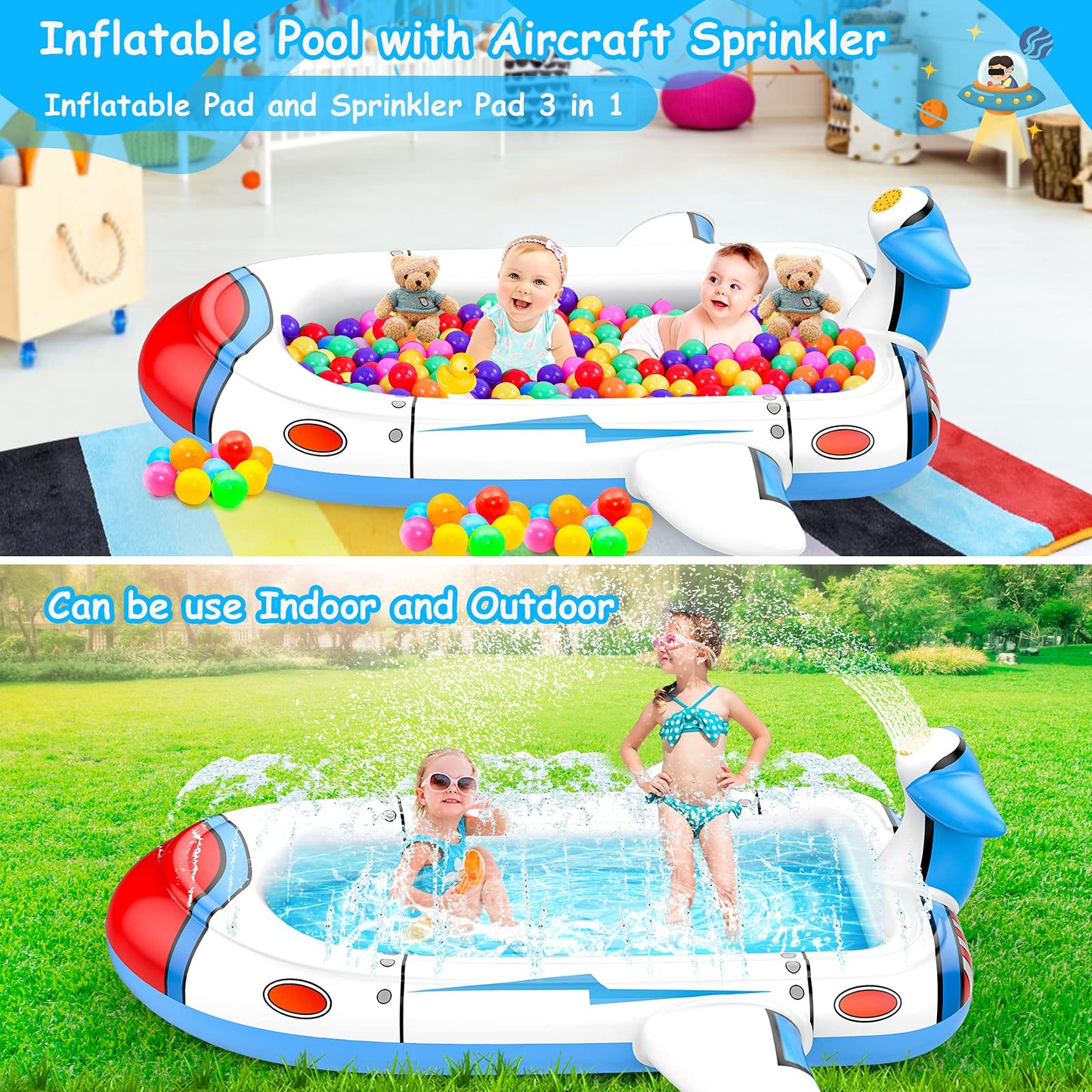 Kiddie Pool Splash Pad for Kids 68" x 38" x 21.5" | 3-in-1 Inflatable Sprinkler Pool for Toddlers Ages 3-8, Backyard Water Play Mat, Outdoor Summer