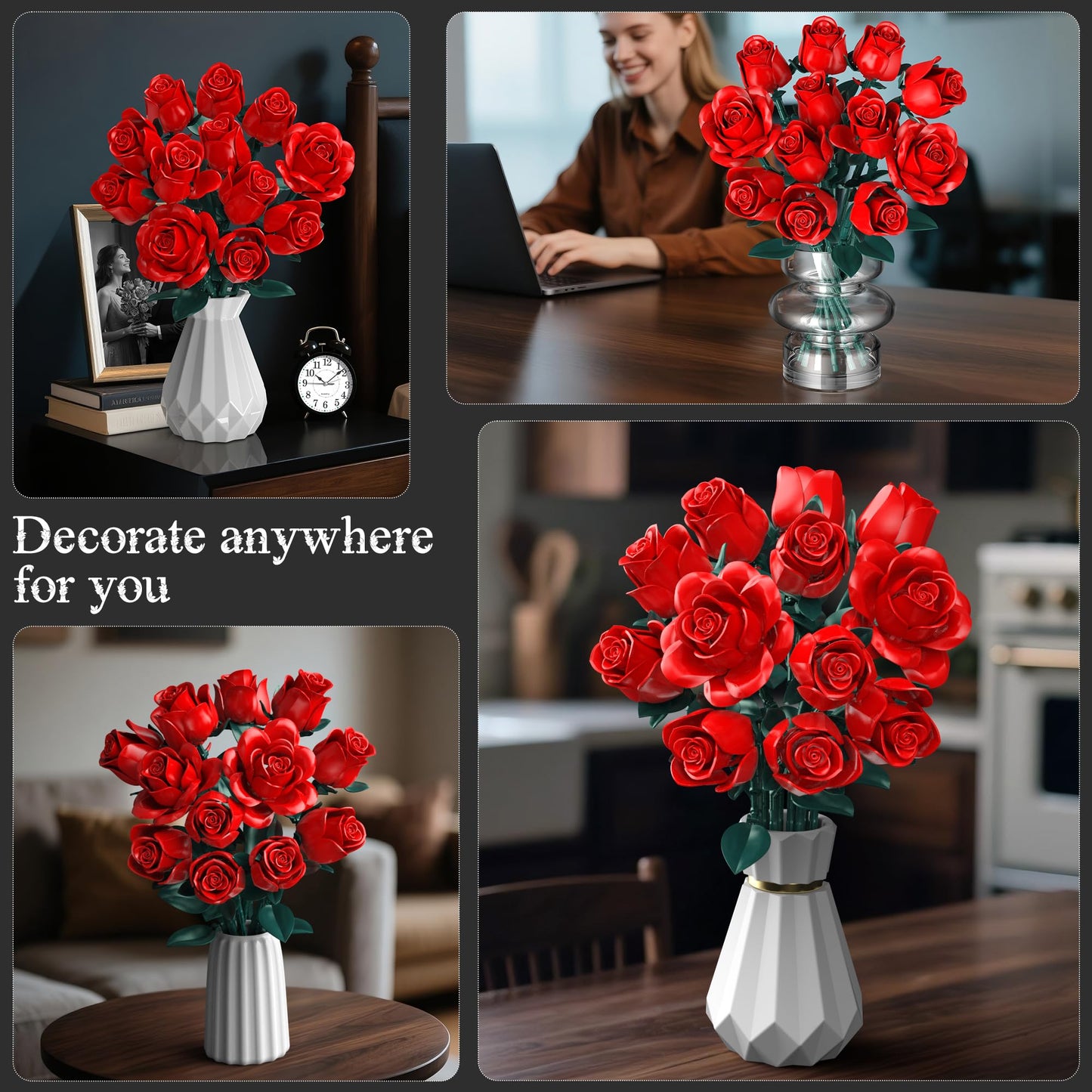Red Roses Flower Bouquet Building Set, Artificial Flowers Botanical Collection Kit for Adults Women & Men - Gift for Mothers Day, Home Room Office