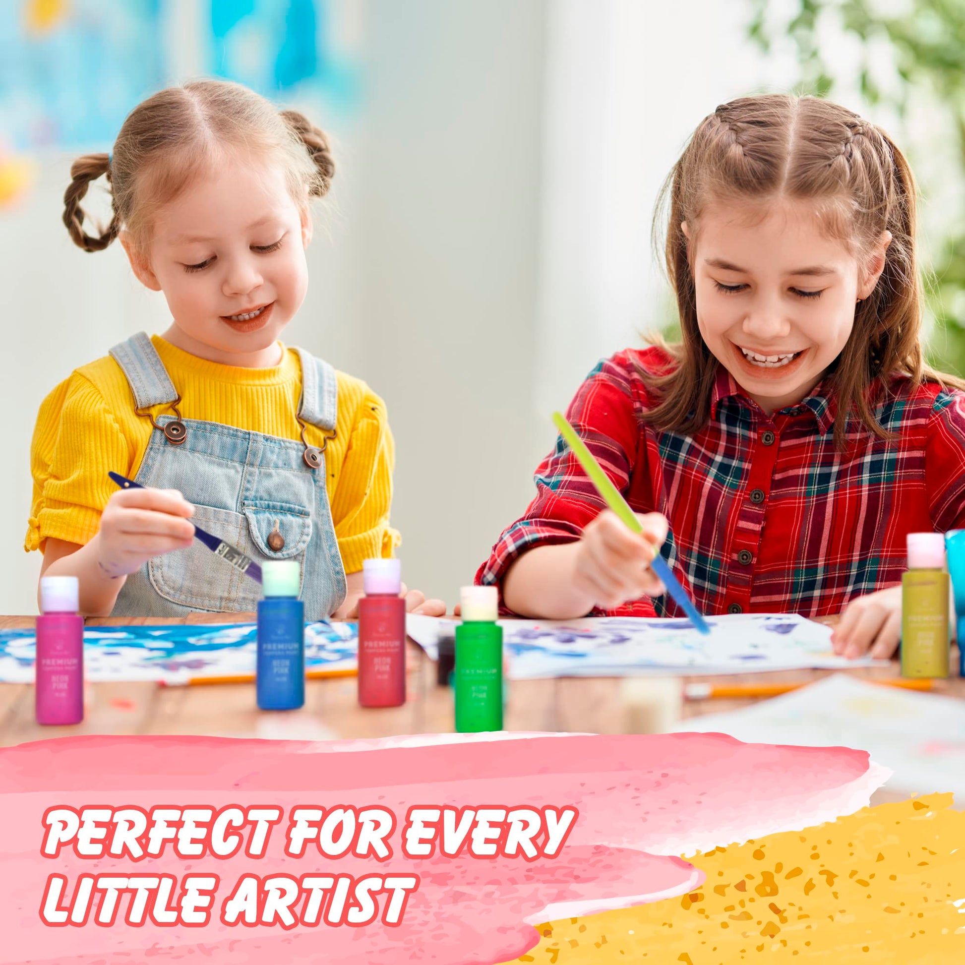 Kids Tempera Paint Set | Value Pack Includes 40 Washable Non-Toxic Colorful Paints (2oz bottles) & 15 Brushes | Metallic, Neon, Glow In The Dark