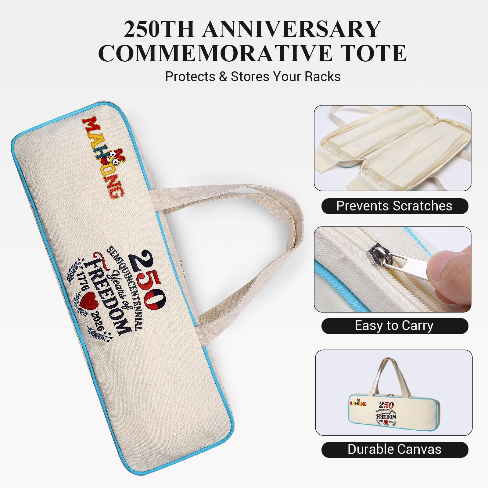 Non-Slip Clear Mahjong Racks with Pushers Set of 4, Complete Gift Set with 4 Readers, Lucky Clover Card, 250 Anniversary Tote Canvas Bag & Elegant