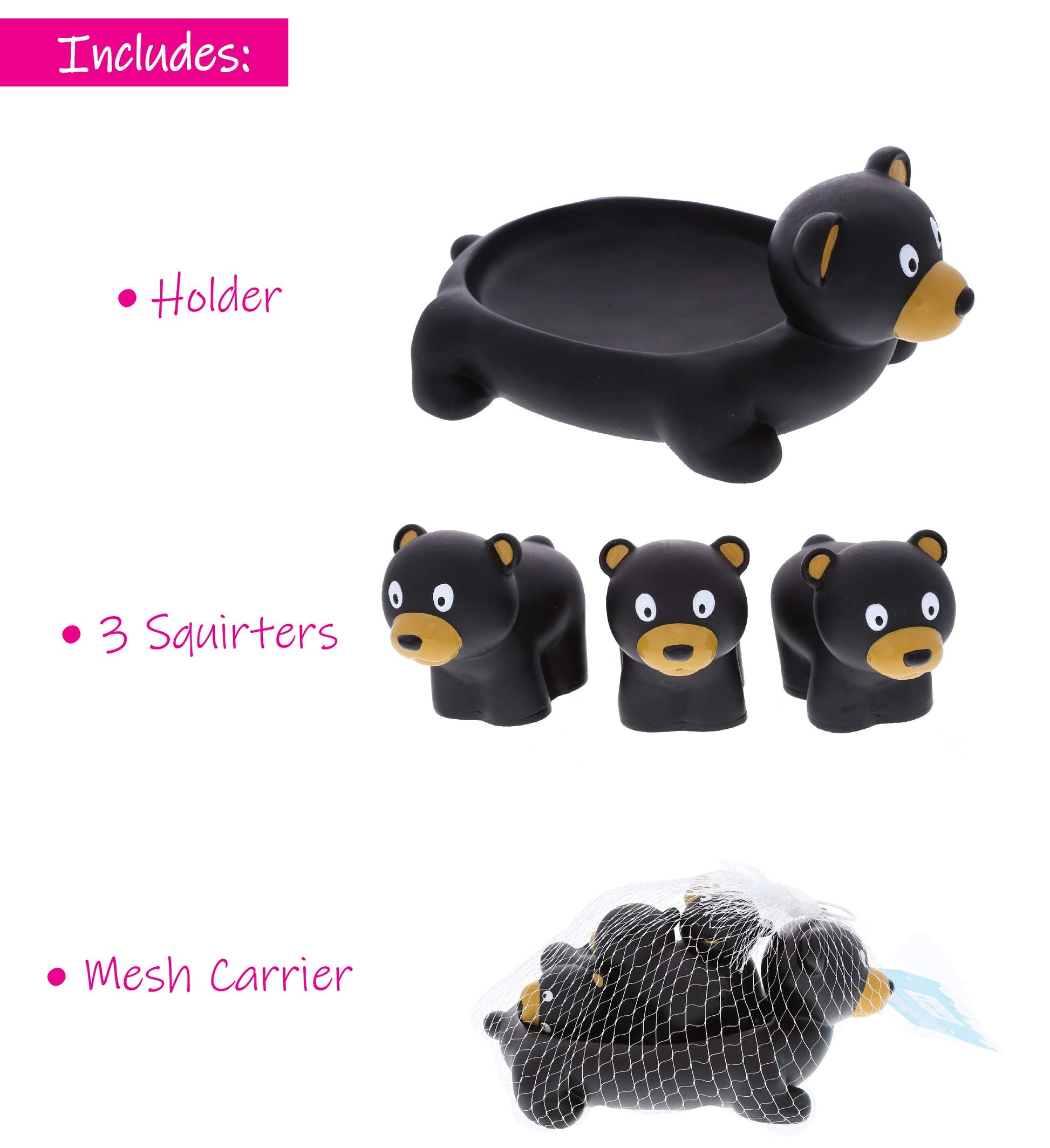 DolliBu Black Bear Animal Bath Toys - Family Animal Water Squirter for Kids, 4-Piece Kid and Baby Bathtub Toys, Fun Bath Time Children, Floating Bath