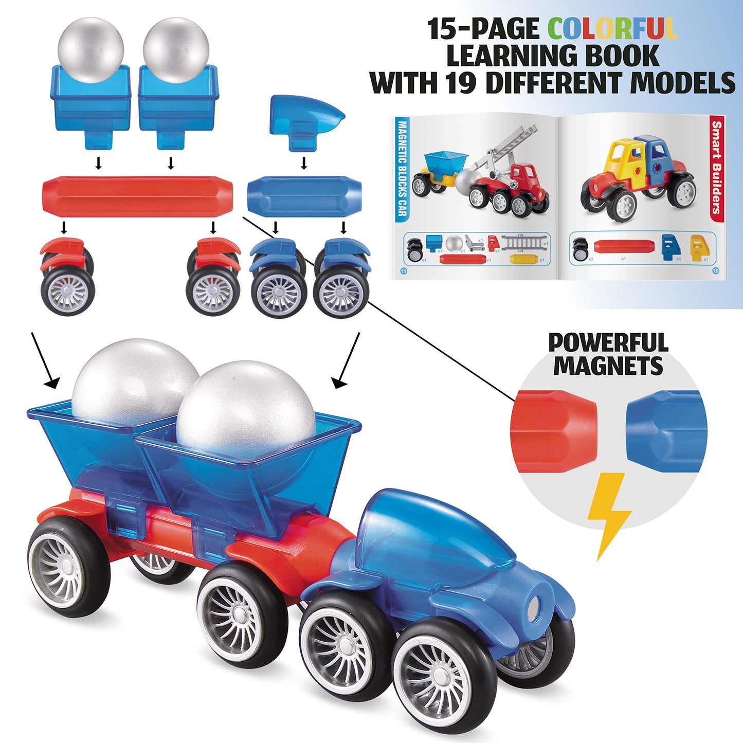MOBIUS Toys Magnetic Vehicle Building Set - 72-Piece STEM Construction Kit with Play Mat & Road Signs - Magnetic Car & Truck Building Toys for Kids
