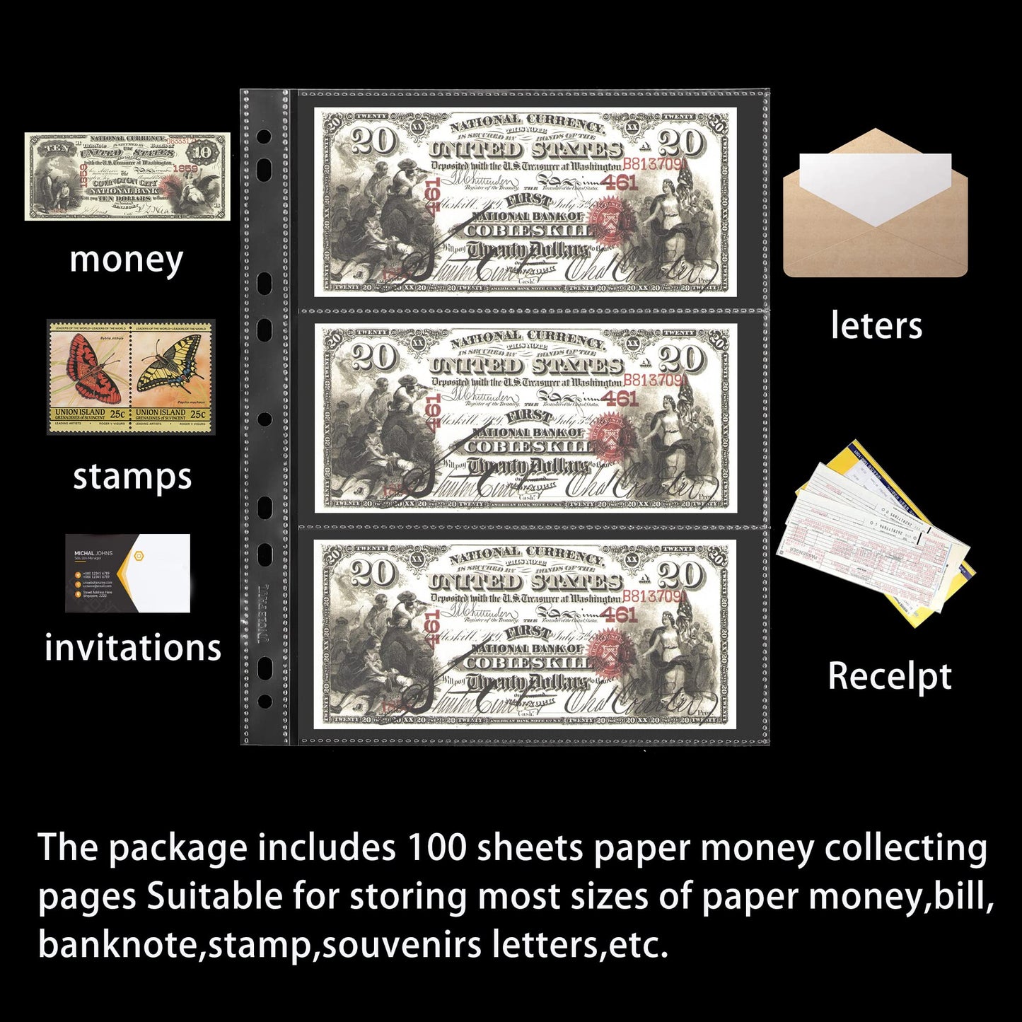 Uncle Paul 300 Pockets Banknote Sleeves 100 Sheets Currency Holder