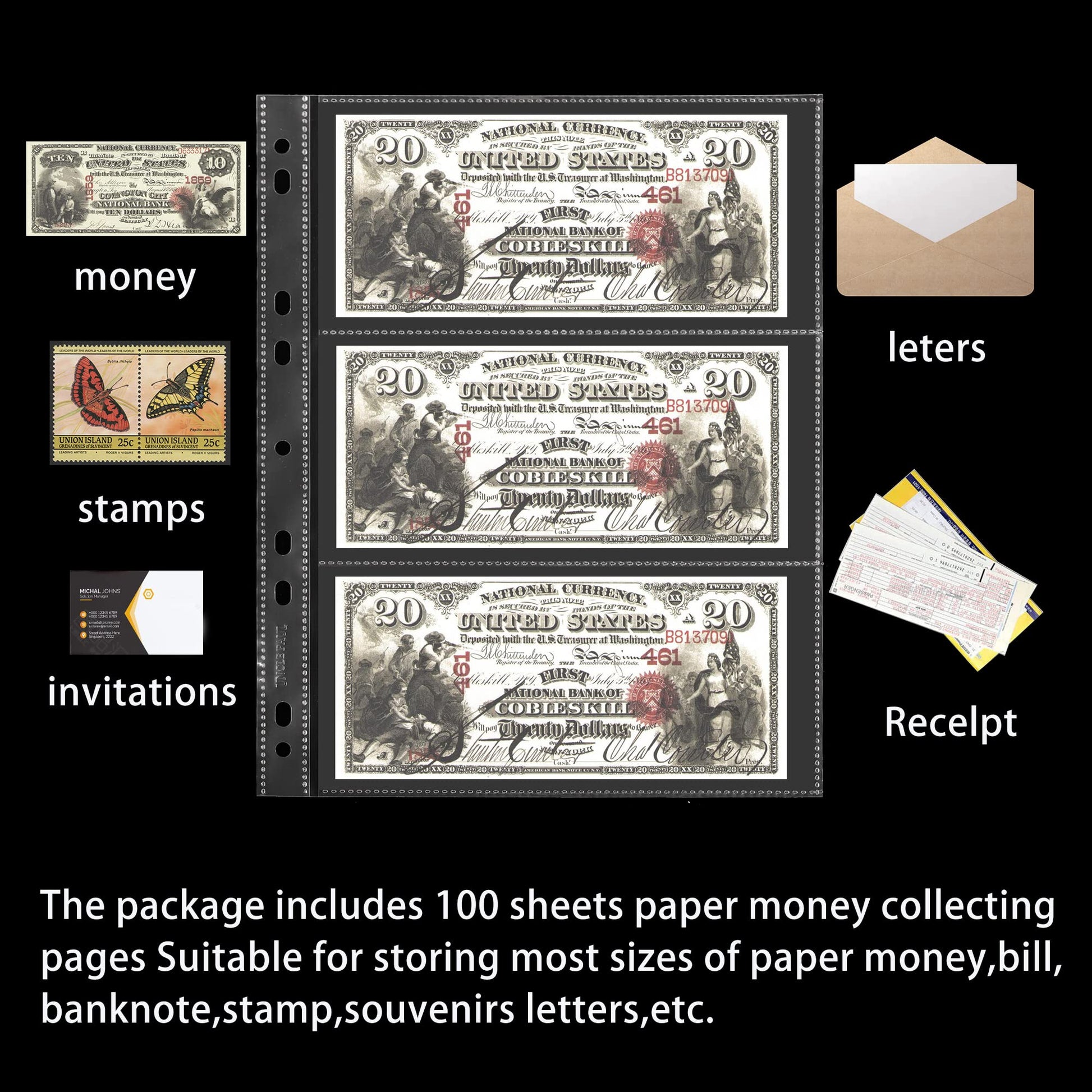 Uncle Paul 300 Pockets Banknote Sleeves 100 Sheets Currency Holder