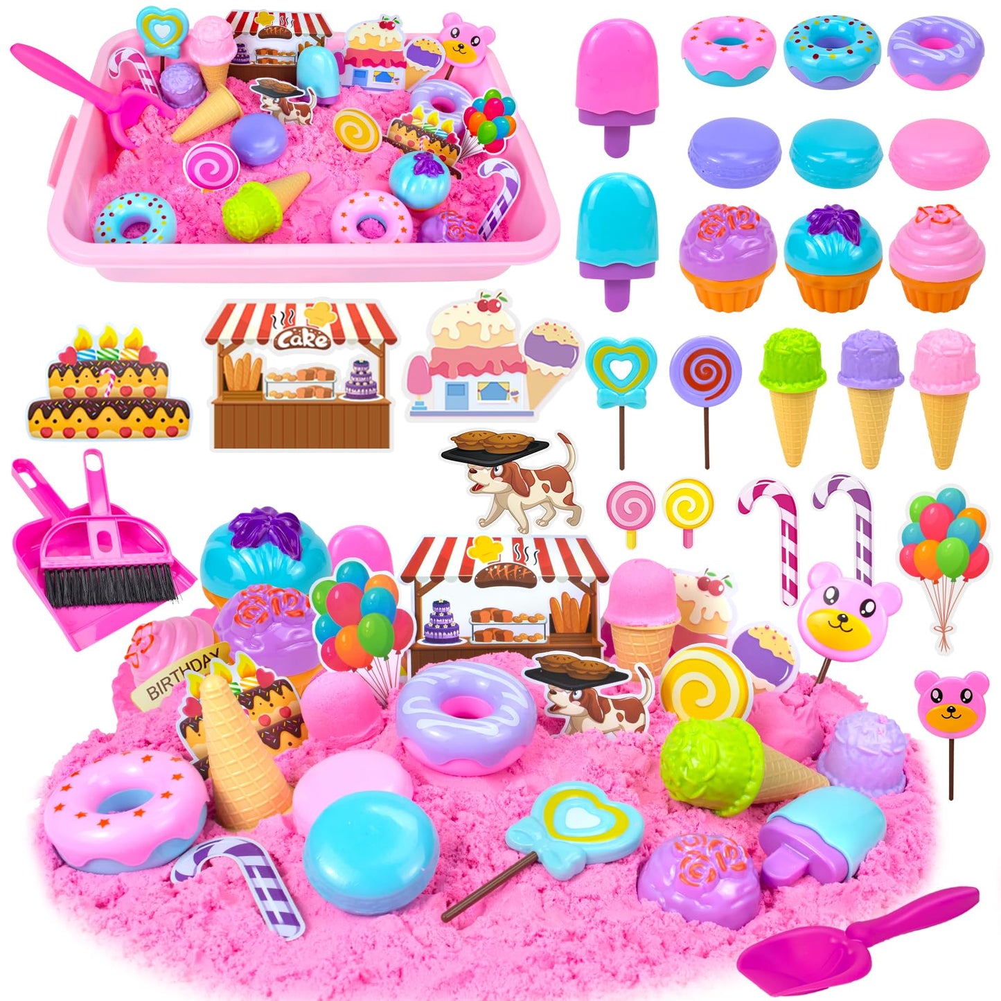 Bloolilies Sensory Bin, Ice Cream Sand Box Set with Magic Sand, Ice Cream Toys Molds and Cleaning Tools Sandbox with Lid Play Sand Art Kits for Kids