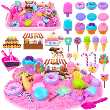 Bloolilies Sensory Bin, Ice Cream Sand Box Set with Magic Sand, Ice Cream Toys Molds and Cleaning Tools Sandbox with Lid Play Sand Art Kits for Kids
