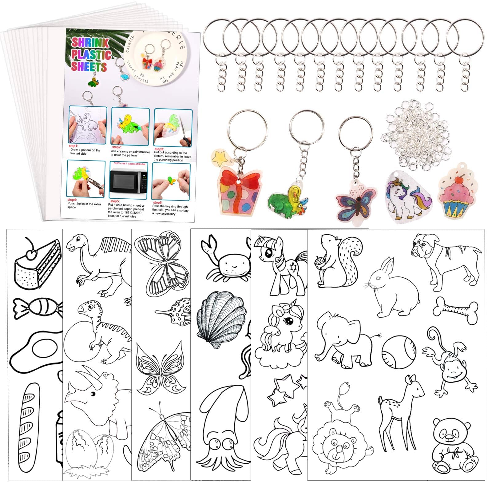 Natonhi Shrinky Dink Sheets Kit 145Pcs Shrink Art Kit Including 20pcs Shrinky Paper Sheets 6pcs Traceable Picture Keychains Accessories- Perfect