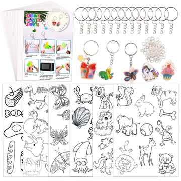 Natonhi Shrinky Dink Sheets Kit 145Pcs Shrink Art Kit Including 20pcs Shrinky Paper Sheets 6pcs Traceable Picture Keychains Accessories- Perfect