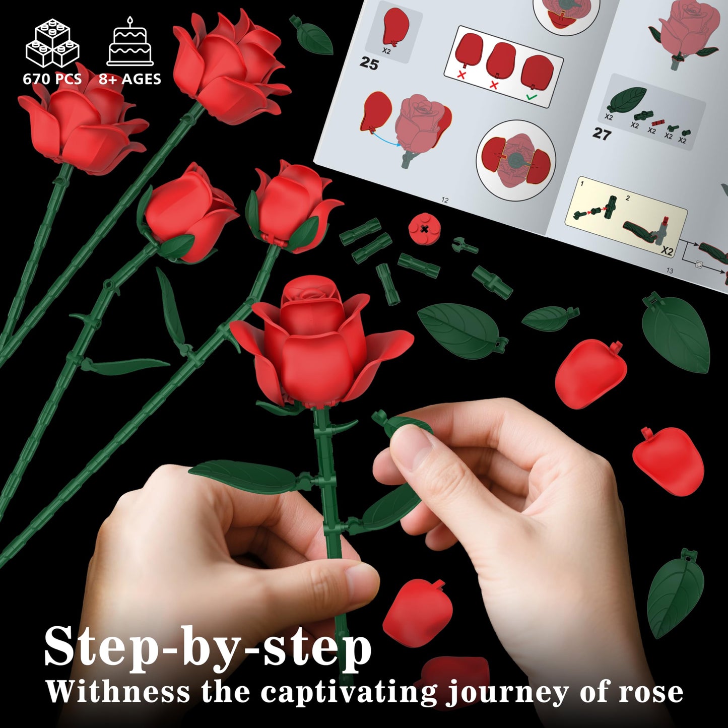 Red Roses Flower Bouquet Building Sets, 670Pcs Artificial Flowers Building Blocks Compatible with Lego Flowers Valentines Day Gifts