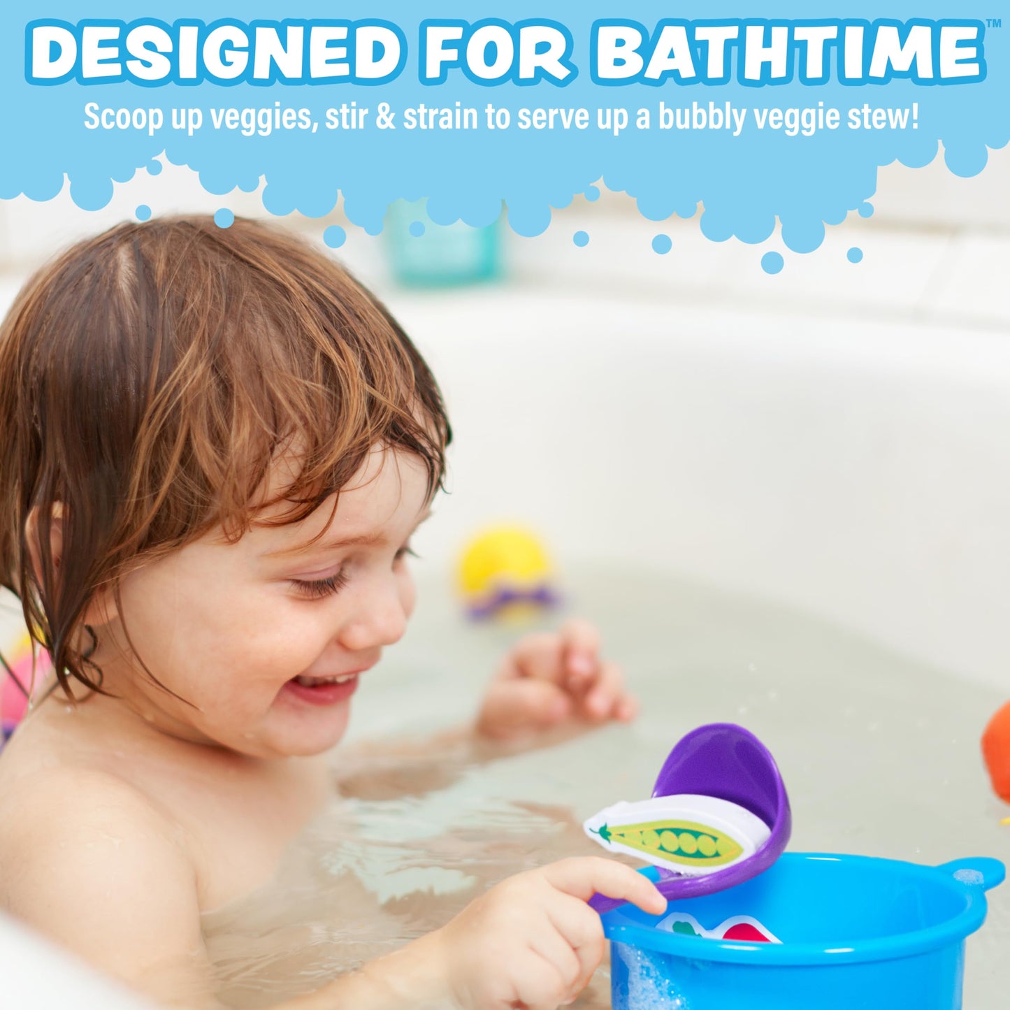 Tub Works® Tub Soup™ Scoop, Strain & Play Toddler Bath Toy | Floating Foam Veggies, Ladle for Scooping & Soup Pot for Straining | Pretend Play Cooking