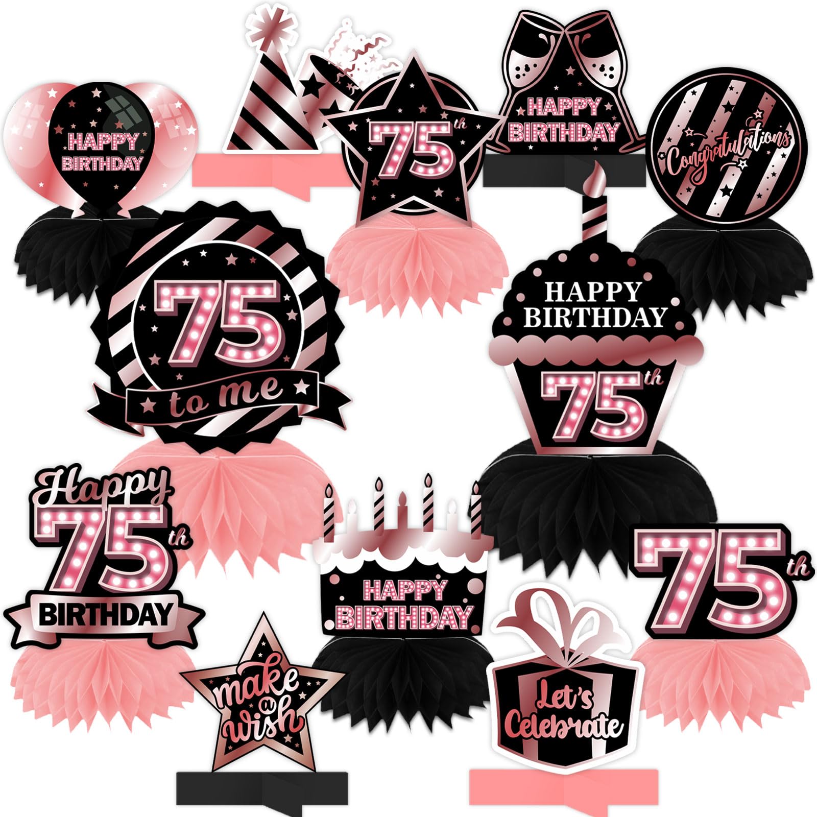 Happy 75th Birthday Rose Gold and Black Table Honeycomb Centerpieces Balloons Theme Decor Table Decorations Table Toppers for Girls Women Princess 75