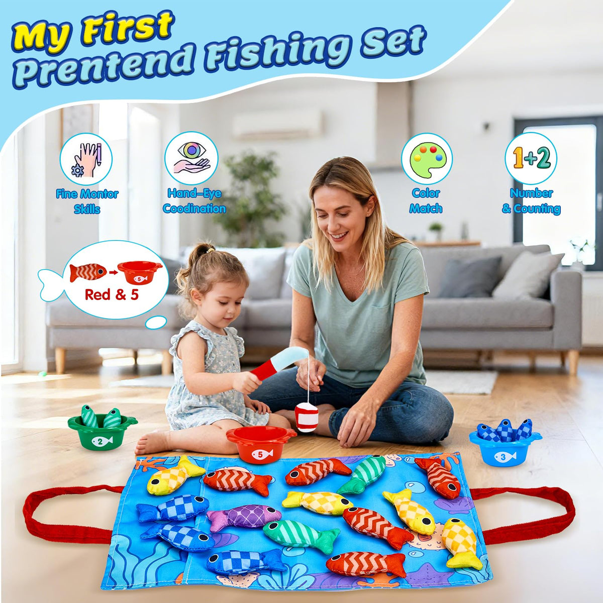 Gacoman Montessori Toys for 1 Year Old - Cloth Fishing Game for Toddler1-3 with Stacking Cups, Number Color Stacking & Counting, Educational Baby Toys