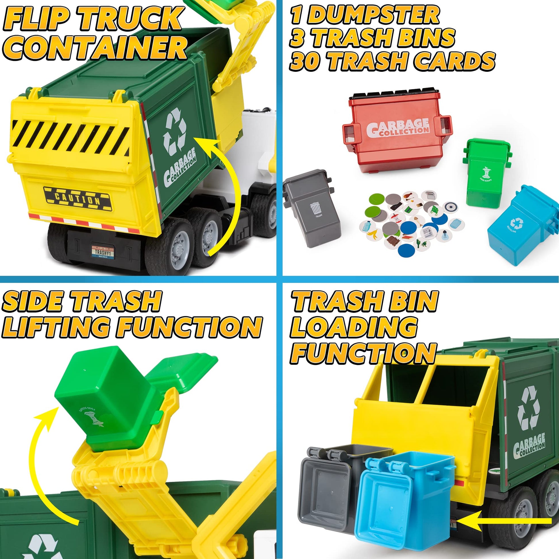 JOYIN Large Friction Powered Garbage Truck Toy Set, Includes 1 Dumpster, 3 Trash Bins, and 30 Learning Cards for Kids, Boy Toys Birthday Gift, Green