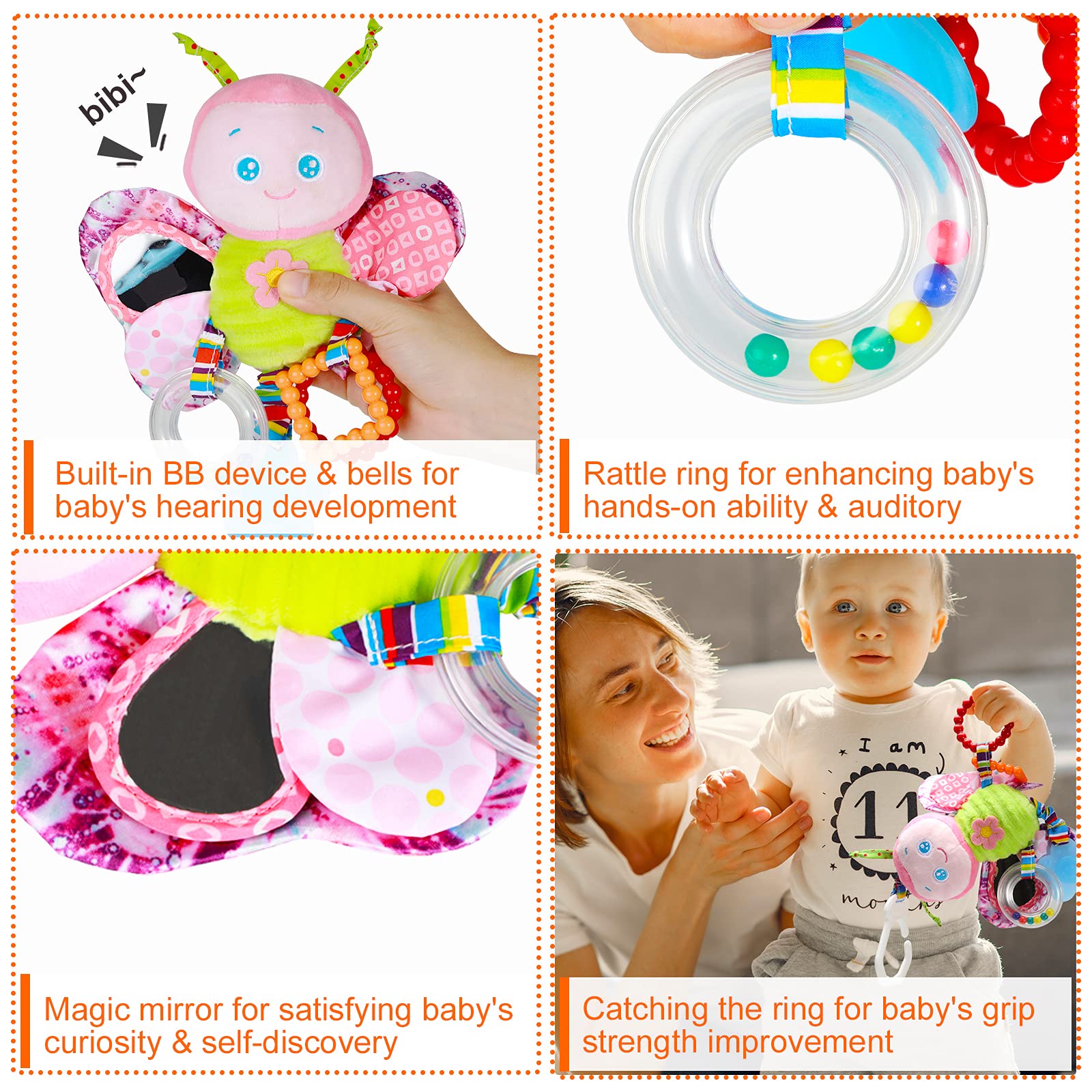 Funsland Baby Stroller Toy and Car Seat Toy for Infant with Teether Hanging Rattle Toys Clip on Stroller Toy Soft Plush Baby Toys for Boys and Girls