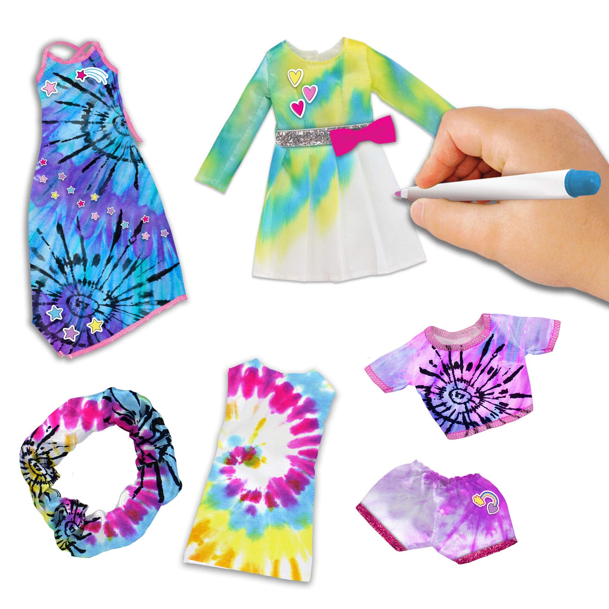 Tara Toys Barbie Tie-Dye Fashion Designer Kit - DIY Design Set for Girls with Dresses, Markers, Stickers & Tools - Create Real Barbie Outfits, Craft