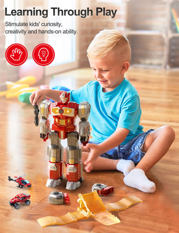 MIEBELY Magnetic Dinosaur Robot Transforming Toys, 3-in-1 Magnet-Assembling Action Figure with Lights & Sounds, Military Base Playset with Cars