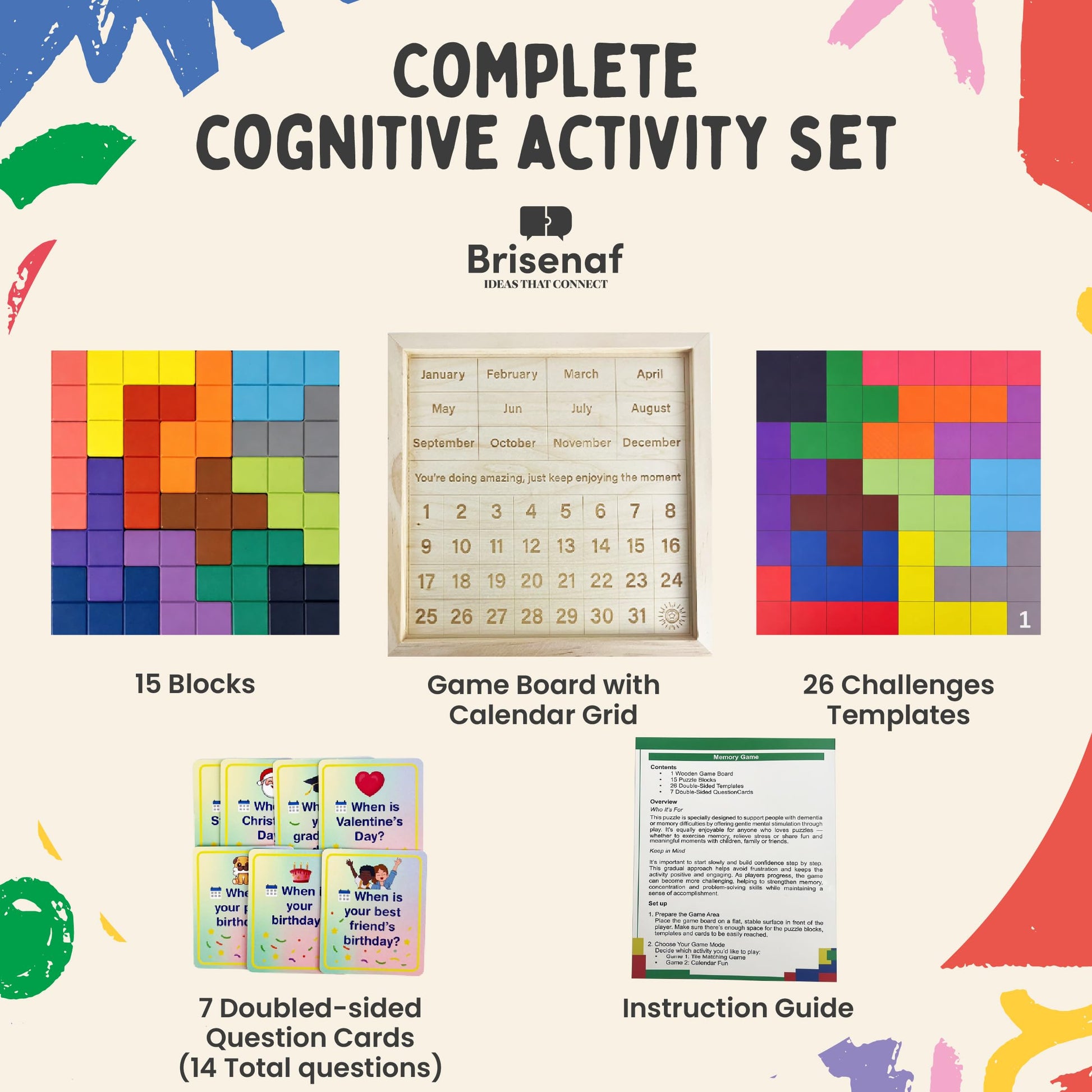 Dementia Activities for Seniors, 2 in 1 Cognitive Games for Elderly: Tile Matching Puzzle & Memory Q&A, 15 Wooden Blocks, 26 Templates, Alzheimer's