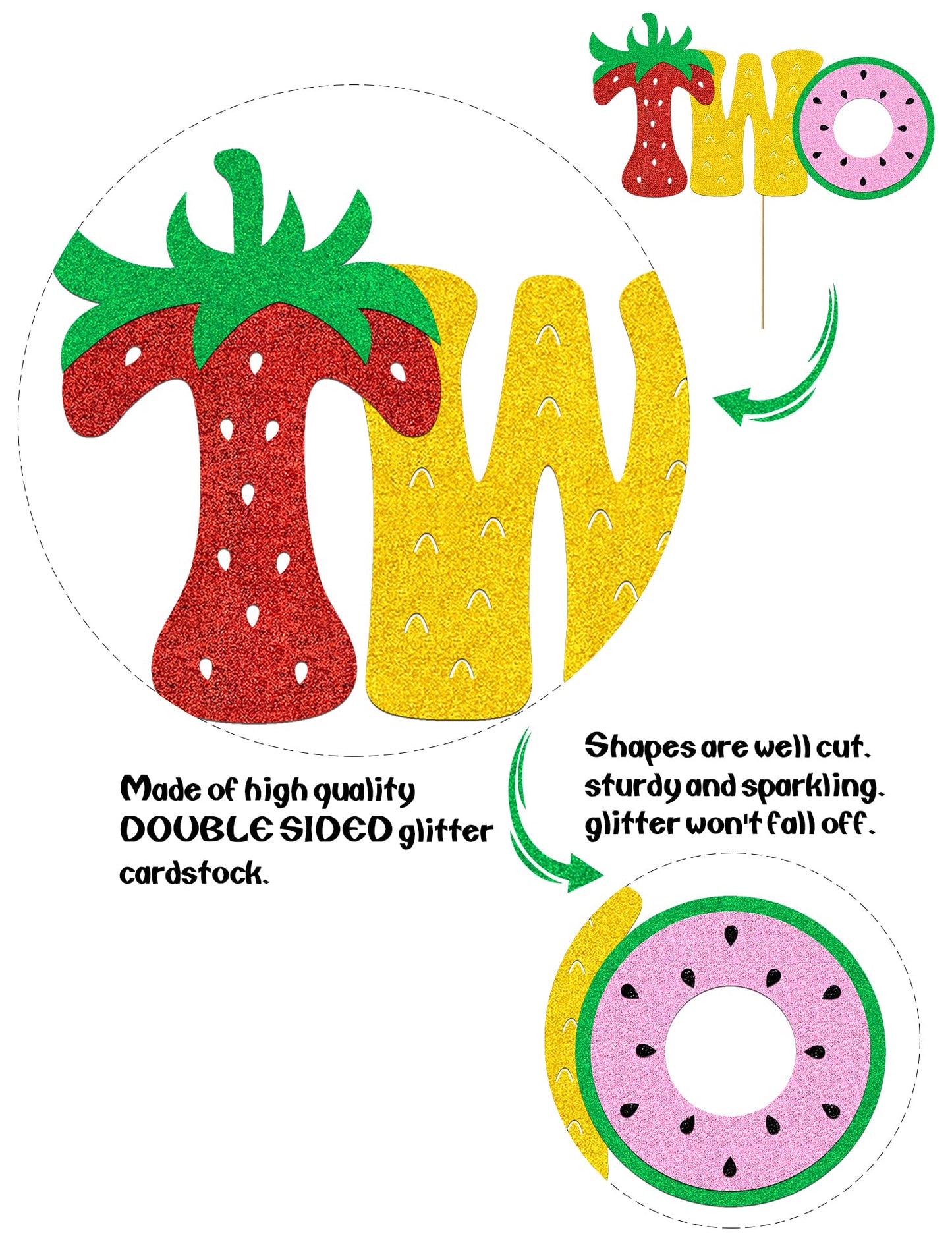 Fruit Two Cake Topper Glitter Gold Fruity Two Cake Decorations for Girls Boys Strawberry Watermelon Pineapple Summer Fruits Happy Birthday Decorations
