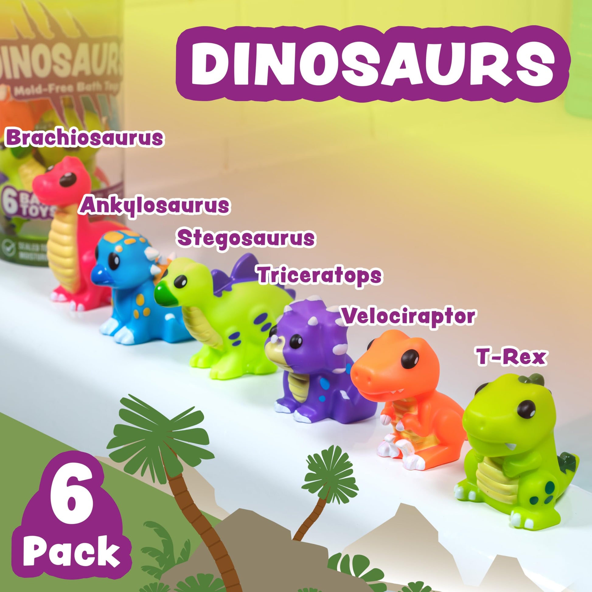 Tub Works® Dinosaur Mold Free Bath Toys, 6 Pack | Sealed, No Hole Bath Toys Design Keeps Moisture Out | Soft, Squeezable & Float on Water | Easy-Grip
