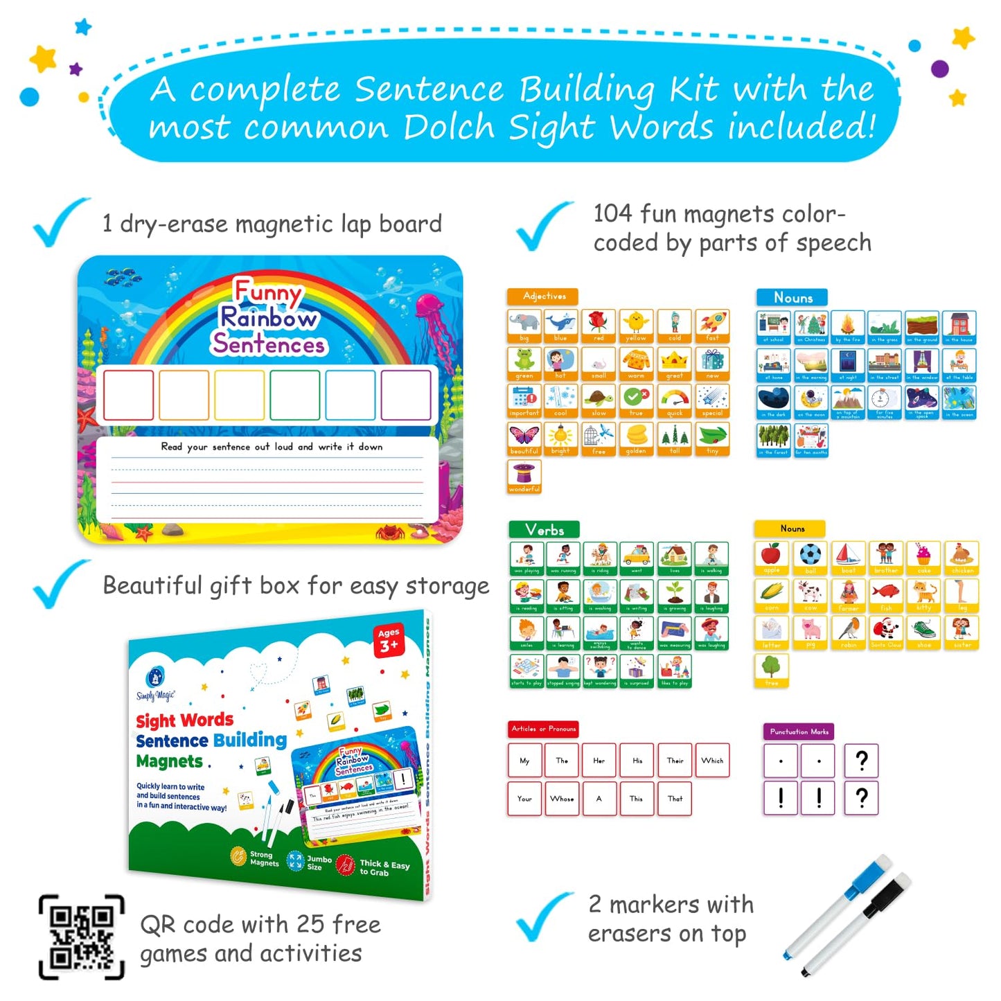 104 PCS Sentence Building for Kids, Sentence Building Magnets Kit, Learn to Read, Speech Speak Spell Games, Kids Vocabulary Builder, Sentence Building