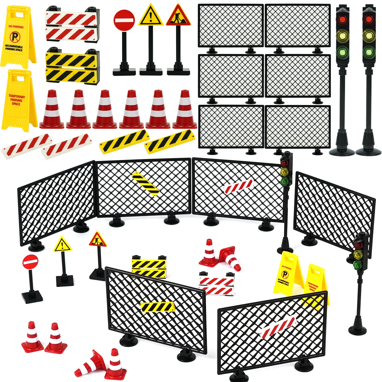 Pasacho City Road Signs Bricks Accessories, Construction Site Street Signs, Mini Traffic Cones & Crosswalk Signal Toys for Kids Building Blocks Toys
