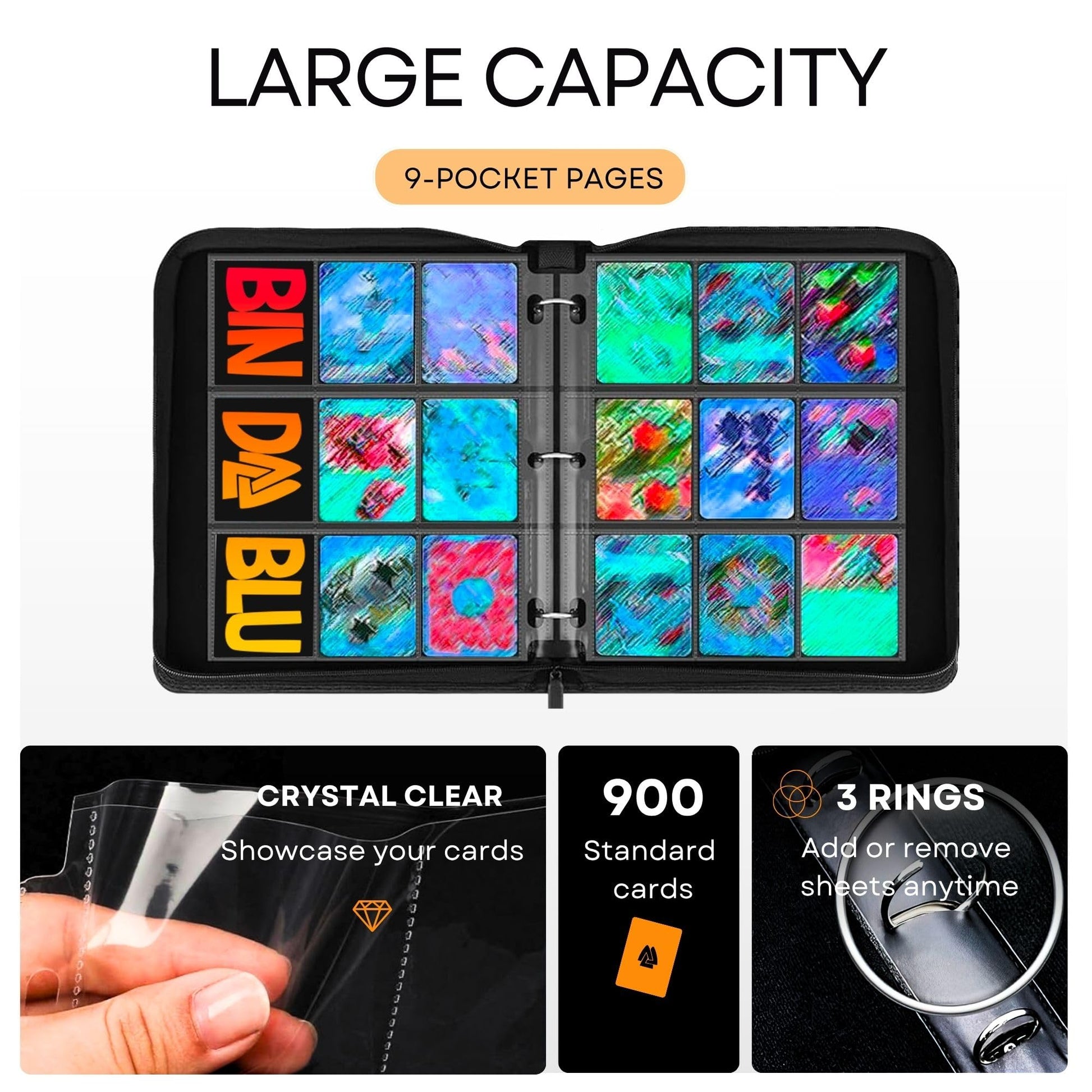 Bindablu Trading Card Binder | Premium Card Album for TCG & Sports Cards | 3-Ring Zipper Binder with Removable Sleeves for Standard Size Cards | Boys