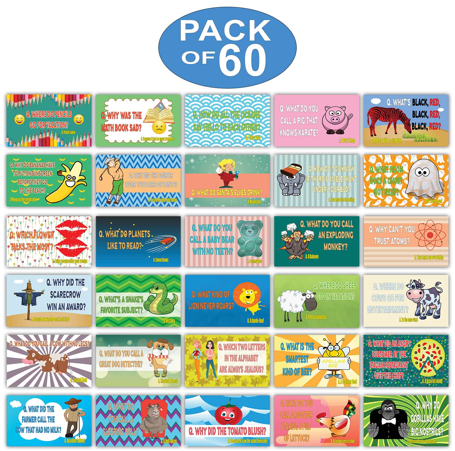 Creanoso Silly and Hilarious Lunch Box Jokes Flashcards - (30 Cards x 2 Sets) - Hilarious and Funny Note Cards for Children - Silly Jokes Cards