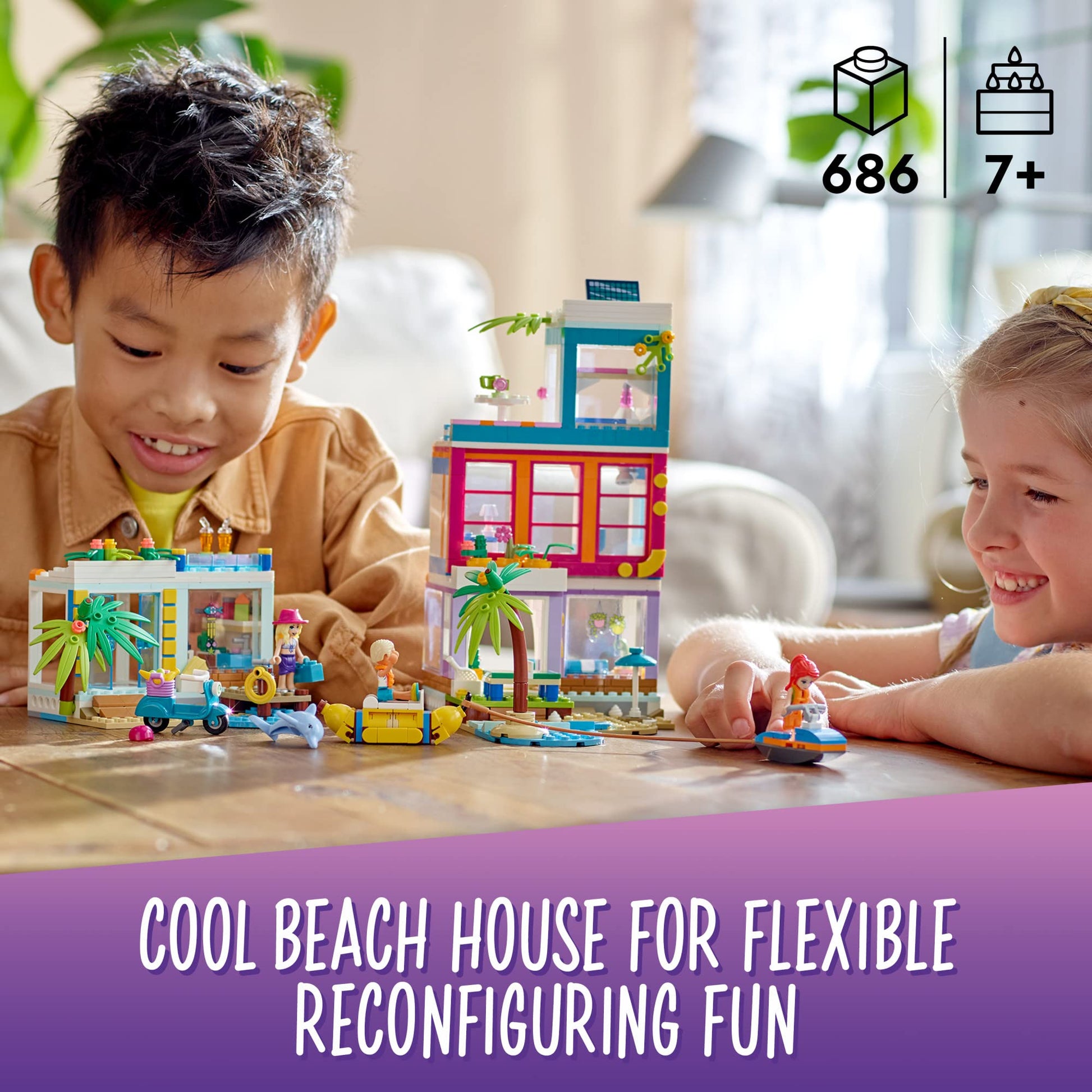 LEGO Friends Vacation Beach House 41709 Building Kit; Gift for Kids Aged 7+; Includes a Mia Mini-Doll, Plus 3 More Characters and 2 Animal Figures to