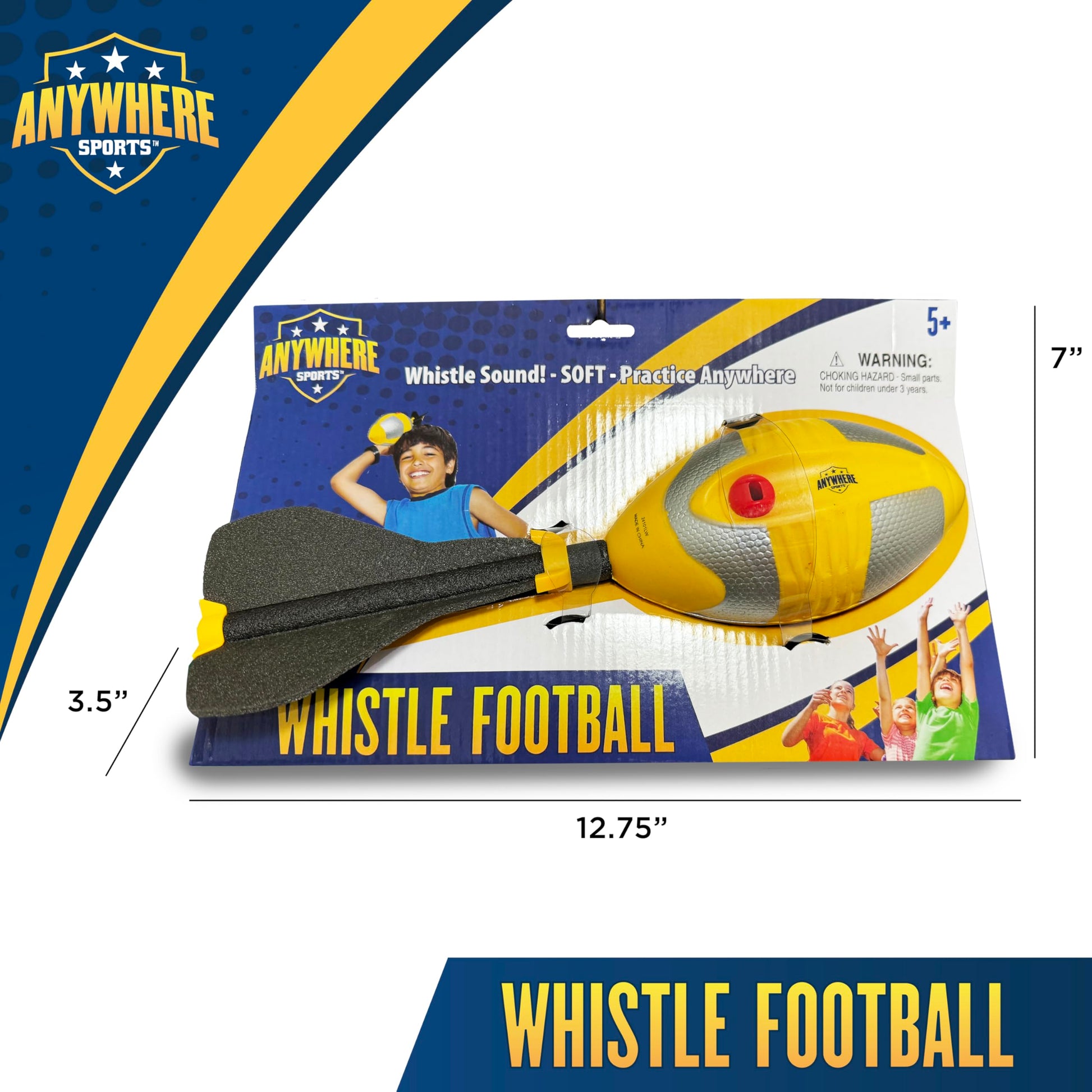 Anywhere Sports Soft Foam Whistle Football (12-Inch Kid Size, Bright Yellow & Silver Trim) - Fun Whistling Sound, Great Practice Ball for Kids