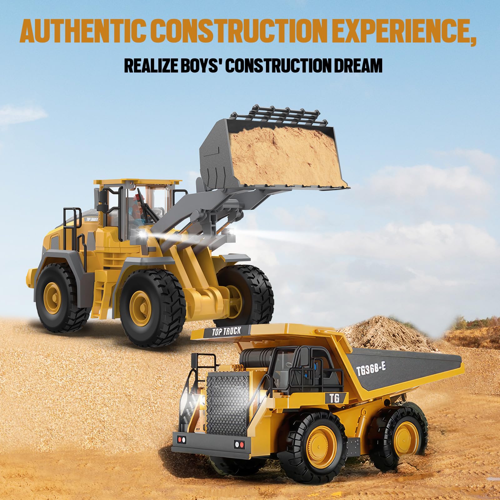 KIDMARKT Metal RC Wheel Loader Toy - Realistic Working Lights and Sounds, 1:20 Scale, 9-Channel Remote Control Construction Play Tractor Toys for Kids