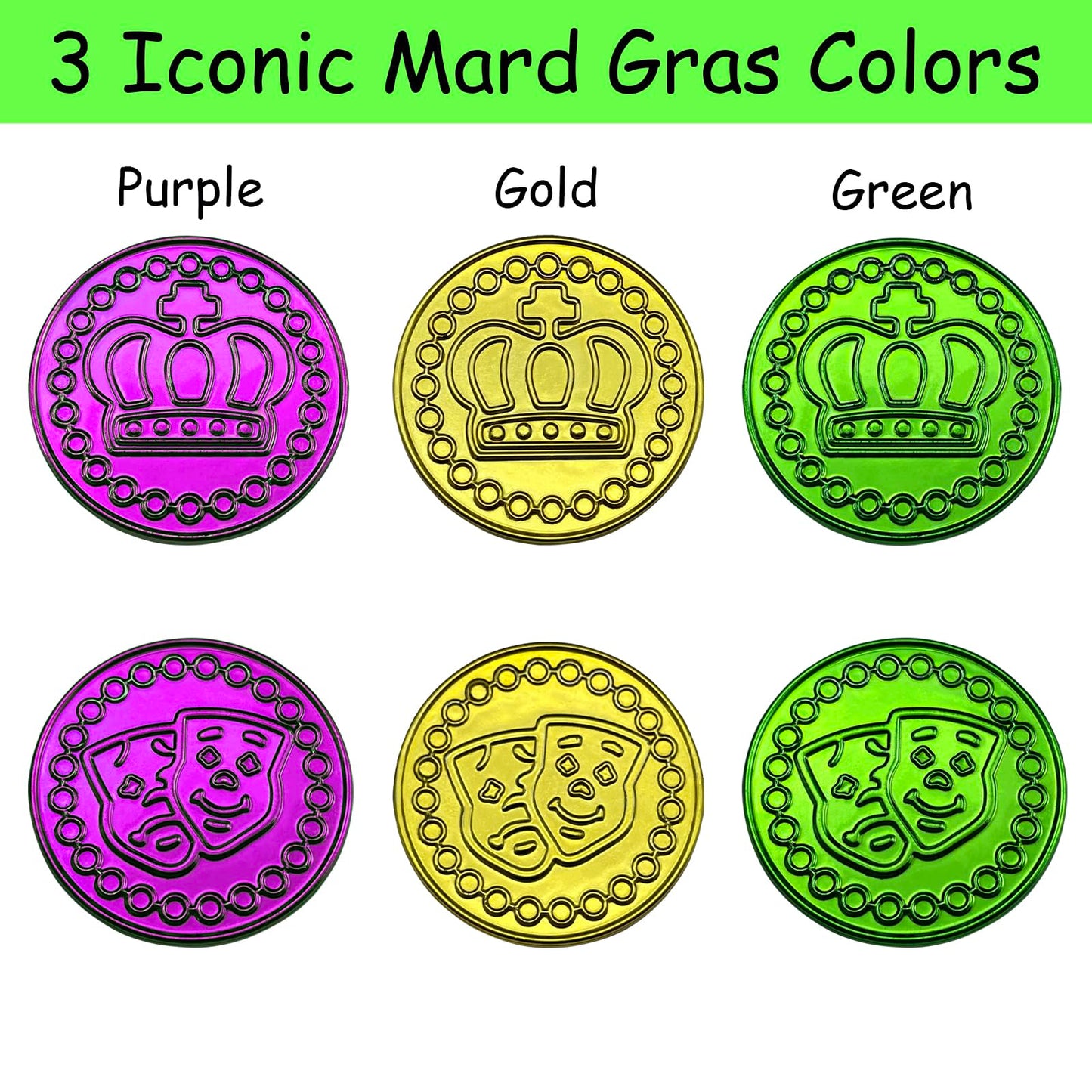 Mardi Gras Coins 144 PCS Assorted Green Purple Gold Mardi Gras Plastic Coins Set for Mardi Gras Theme Props Parade Table Decoration & Party Favors