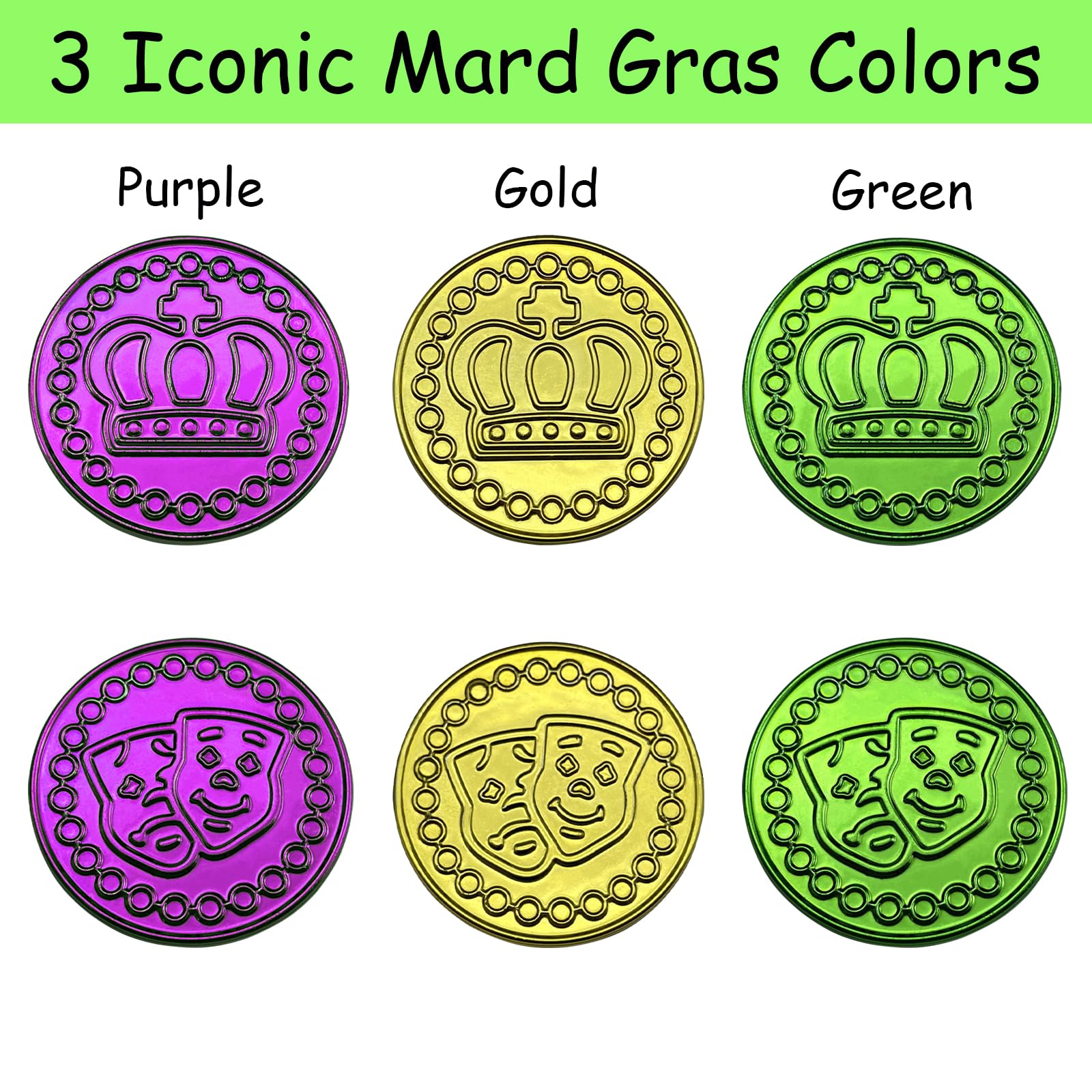 100 PCS Mardi Gras Coins Set-Assorted Green Purple Gold Mardi Gras Plastic Coins Set for Mardi Gras Theme Props Parade Table Decoration & Party Favors