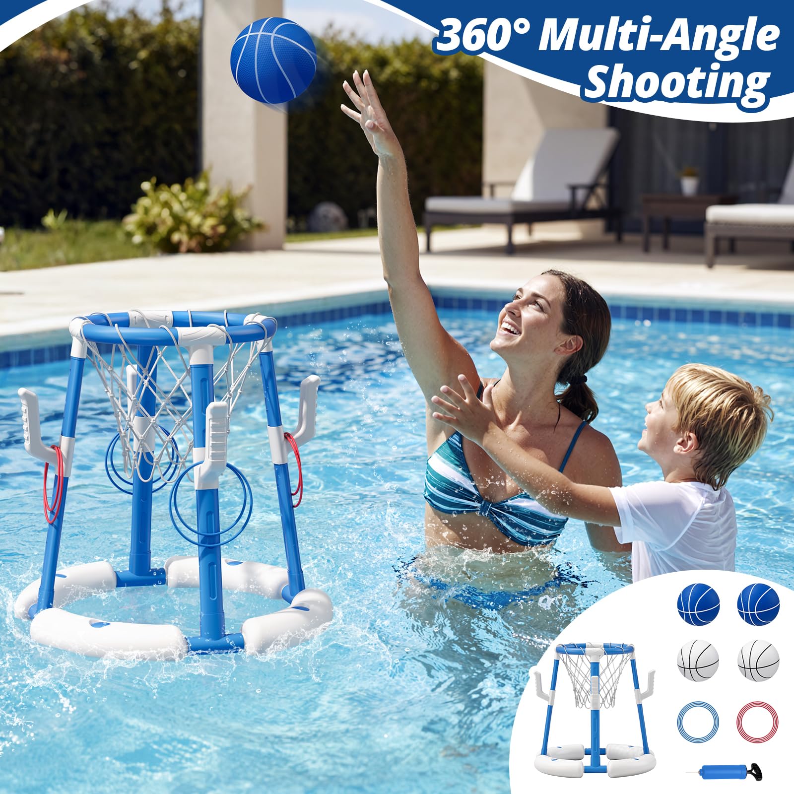 HYES 2 in 1 Pool Basketball Hoop, Floating Pool Toys, Blue