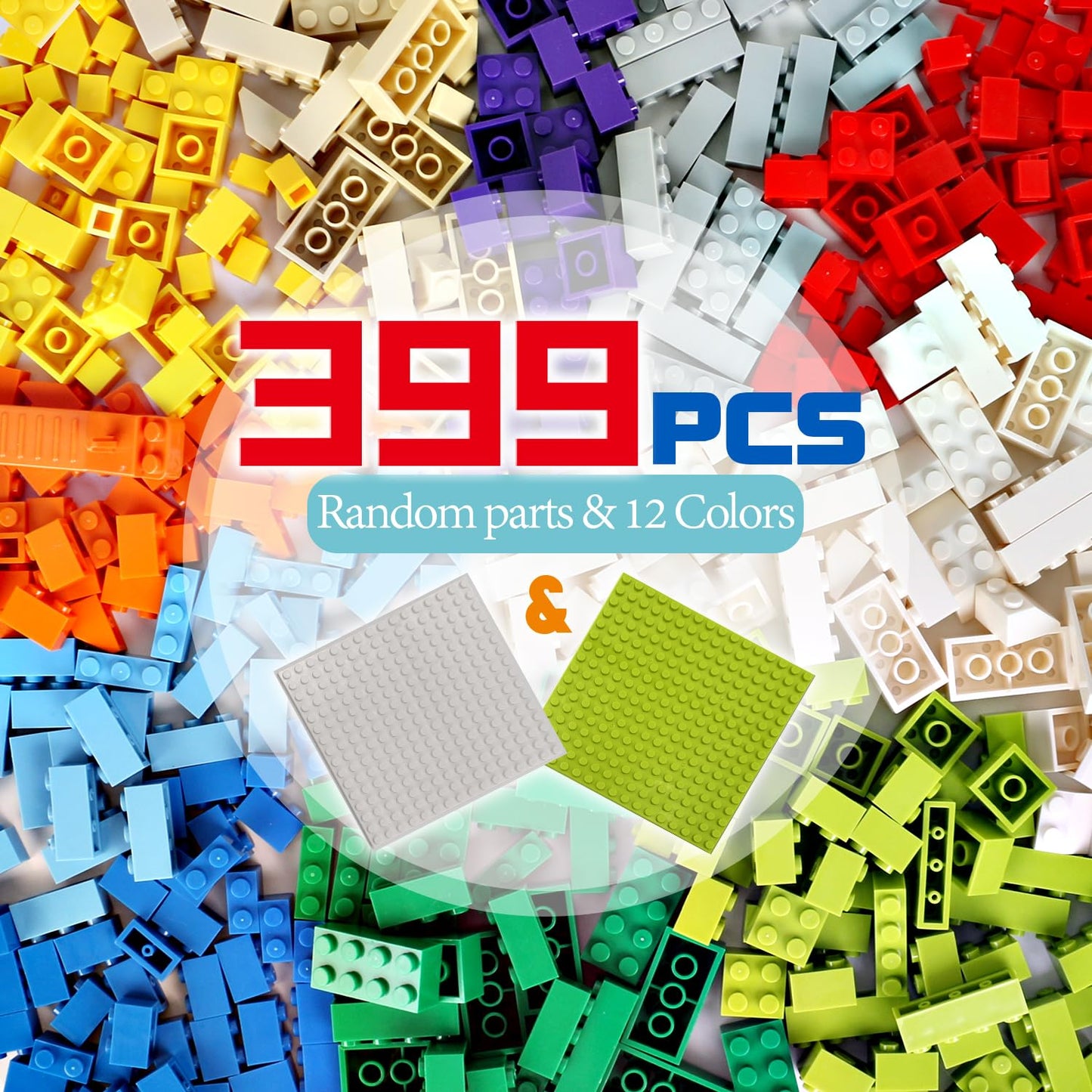 ekuzi Classic Building Bricks 399 Pieces High Bulk Building Blocks & 2 PCS of Base Plate, Building Blocks Box Set Compatible with Lego Classic