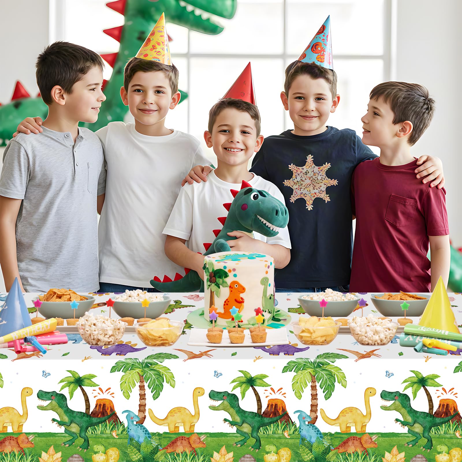 2 Pcs Dinosuar Tablecloth - Plastic Jungle Animal Dino Party Table Cover, Green Disposable Rectangle Dino Themed Table Cloth for Dinosaur Birthday