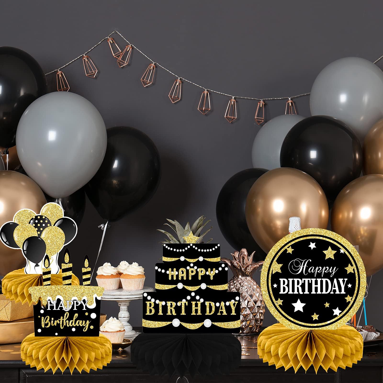 Tevxj 9 Pieces Black Gold Birthday Decorations: Honeycomb Table Toppers & Centerpieces for Tables, Happy Birthday Party Supplies
