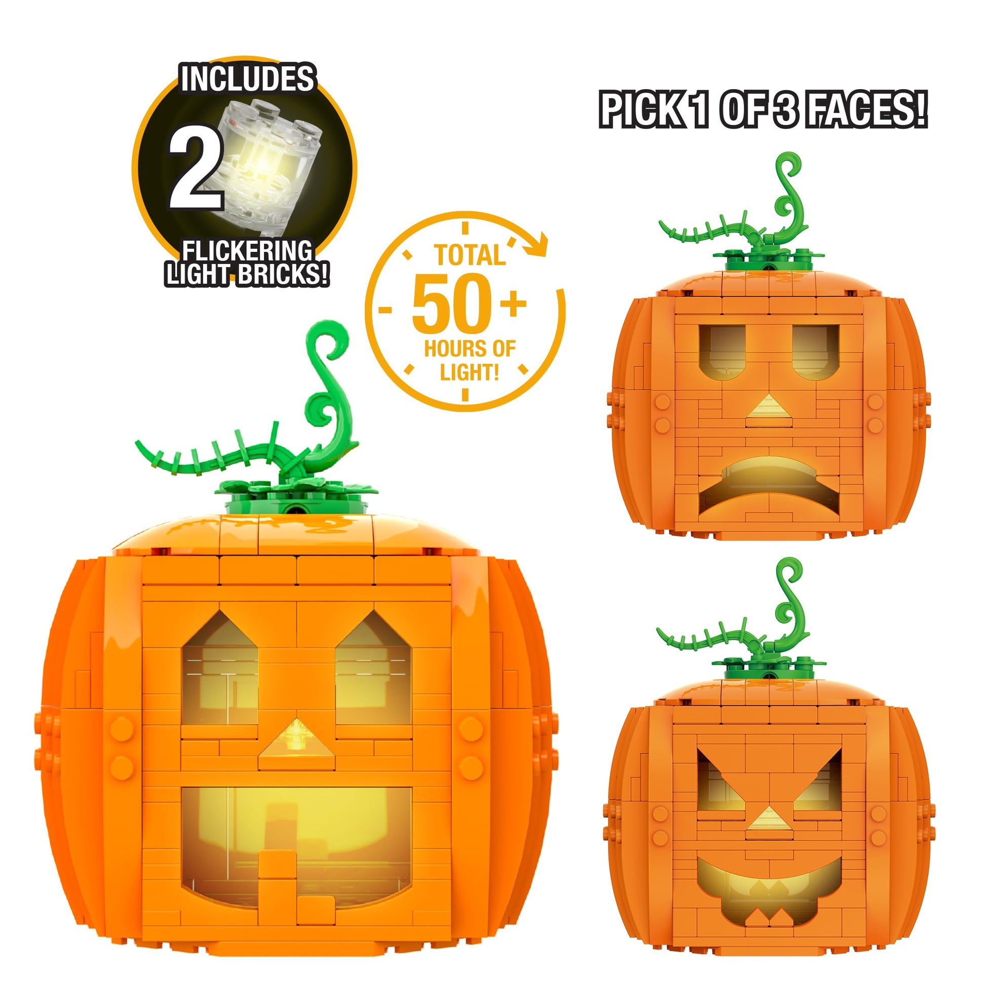 Brickcraft Brick O’-Lantern Building Kit, 233 Pieces | Halloween Pumpkin Decoration with 3 Interchangeable Faces & 2 Flickering Light Bricks | DIY