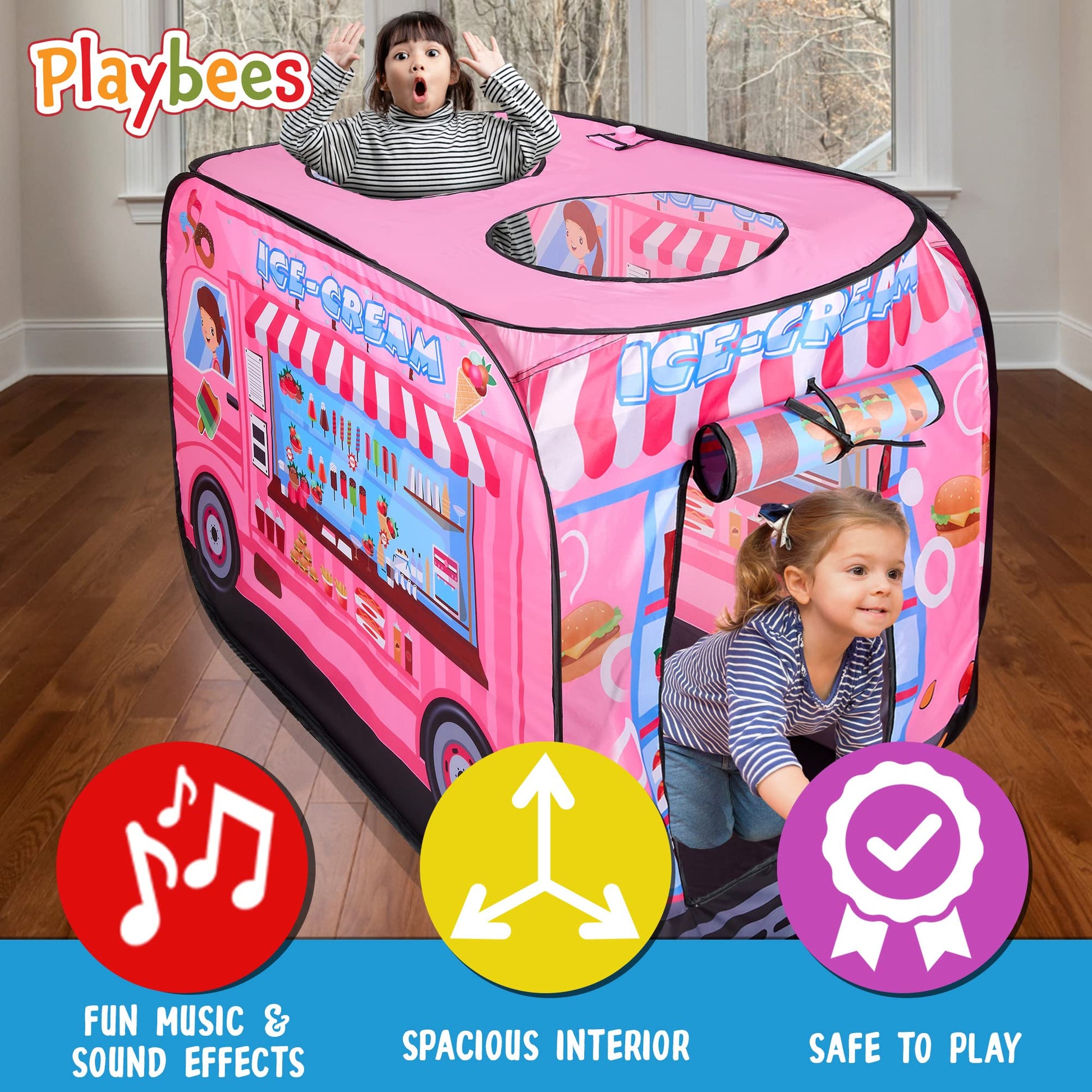 Playbees Musical Ice Cream Truck Pop Up Play Tent with 3 Openings - Tent for Toddlers - Indoor & Outdoor - Pop Up Tents for Kids - Includes Carry Bag
