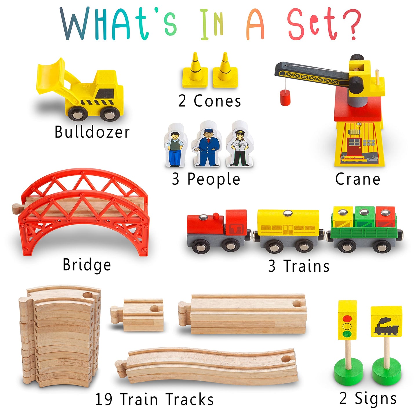 KipiPol Wooden Train Sets for Boys 2-4-7 - 38 Pcs Wood Train Set for Toddlers w/Crane, Bridge & Wooden Train Tracks - Train Toys for 3 Year Old Boys