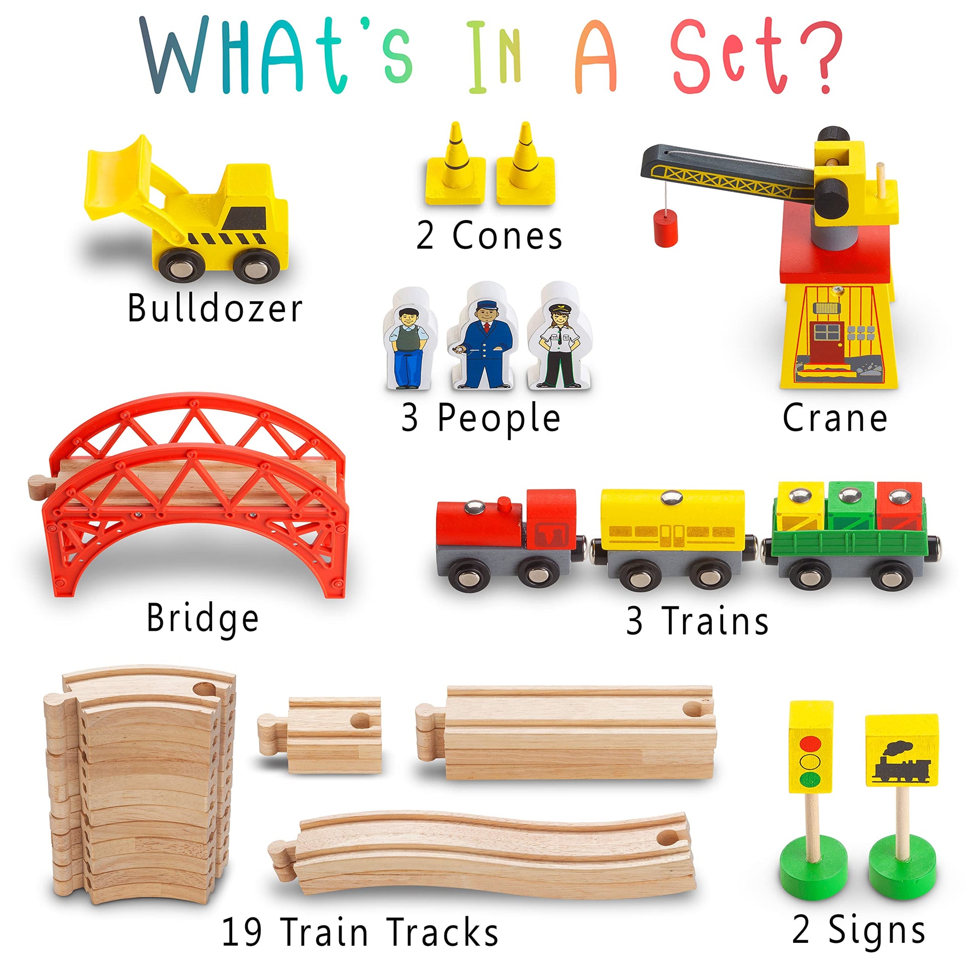KipiPol Wooden Train Sets for Boys 2-4-7 - 38 Pcs Wood Train Set for Toddlers w/Crane, Bridge & Wooden Train Tracks - Train Toys for 3 Year Old Boys