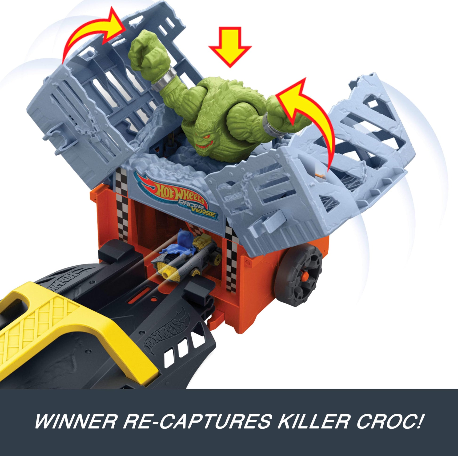 Hot Wheels Toy Car & Track, RacerVerse Batman’s Escape Chase Vehicle Transforms into 3-Lane Raceway with 1 Die-Cast Batman & 1 Joker