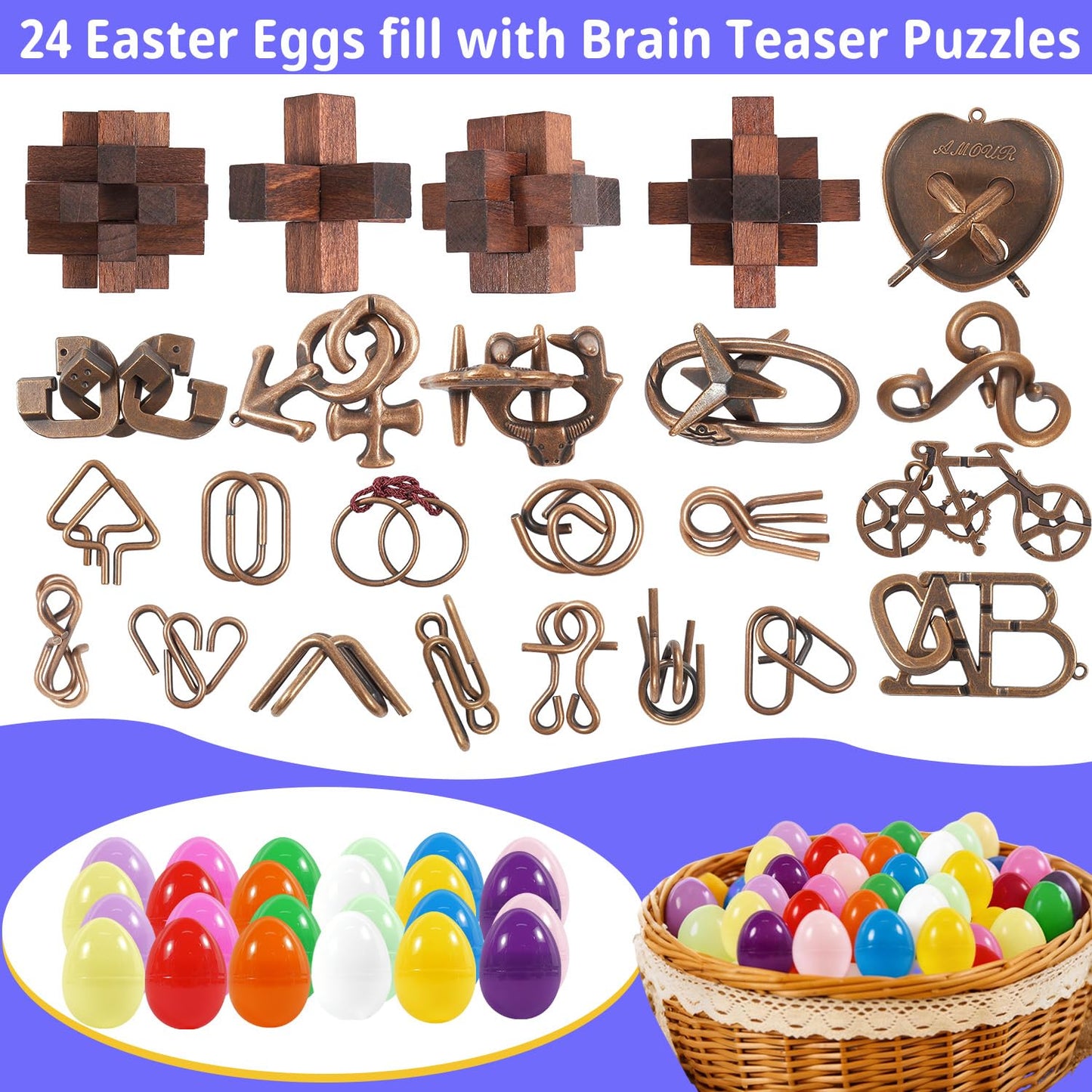 24 Pcs Brain Teaser Puzzles for Adults and Teens - Metal Puzzles 3D Puzzle Game Toys for Adults Teens - Wooden Unlock Interlocking Puzzle Adult IQ