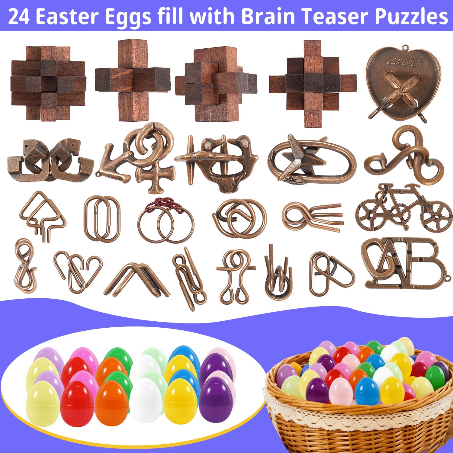 24 Pcs Brain Teaser Puzzles for Adults and Teens - Metal Puzzles 3D Puzzle Game Toys for Adults Teens - Wooden Unlock Interlocking Puzzle Adult IQ