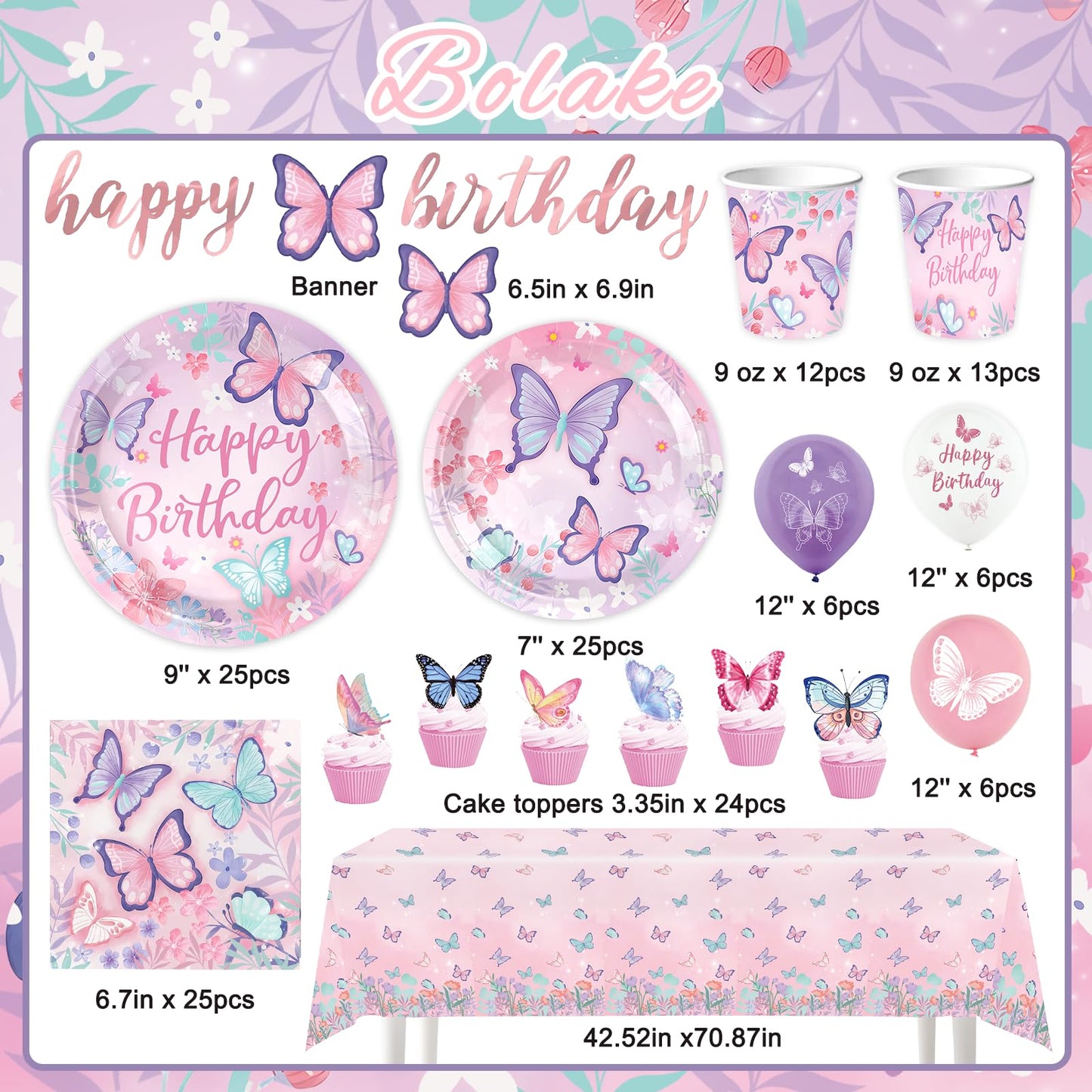 BOLAKE Butterfly Birthday Party Supplies Decorations Tableware Set Serves 25 Butterfly Disposable Paper Plates Napkins, Cups, Cake Toppers Tablecloth