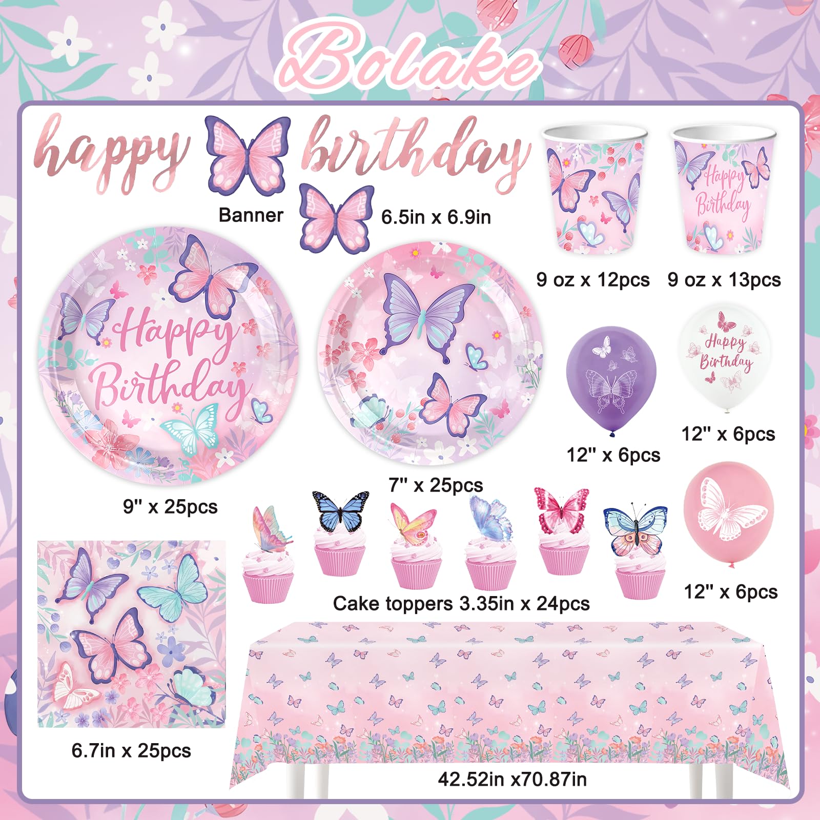 BOLAKE Butterfly Birthday Party Supplies Decorations Tableware Set Serves 25 Butterfly Disposable Paper Plates Napkins, Cups, Cake Toppers Tablecloth