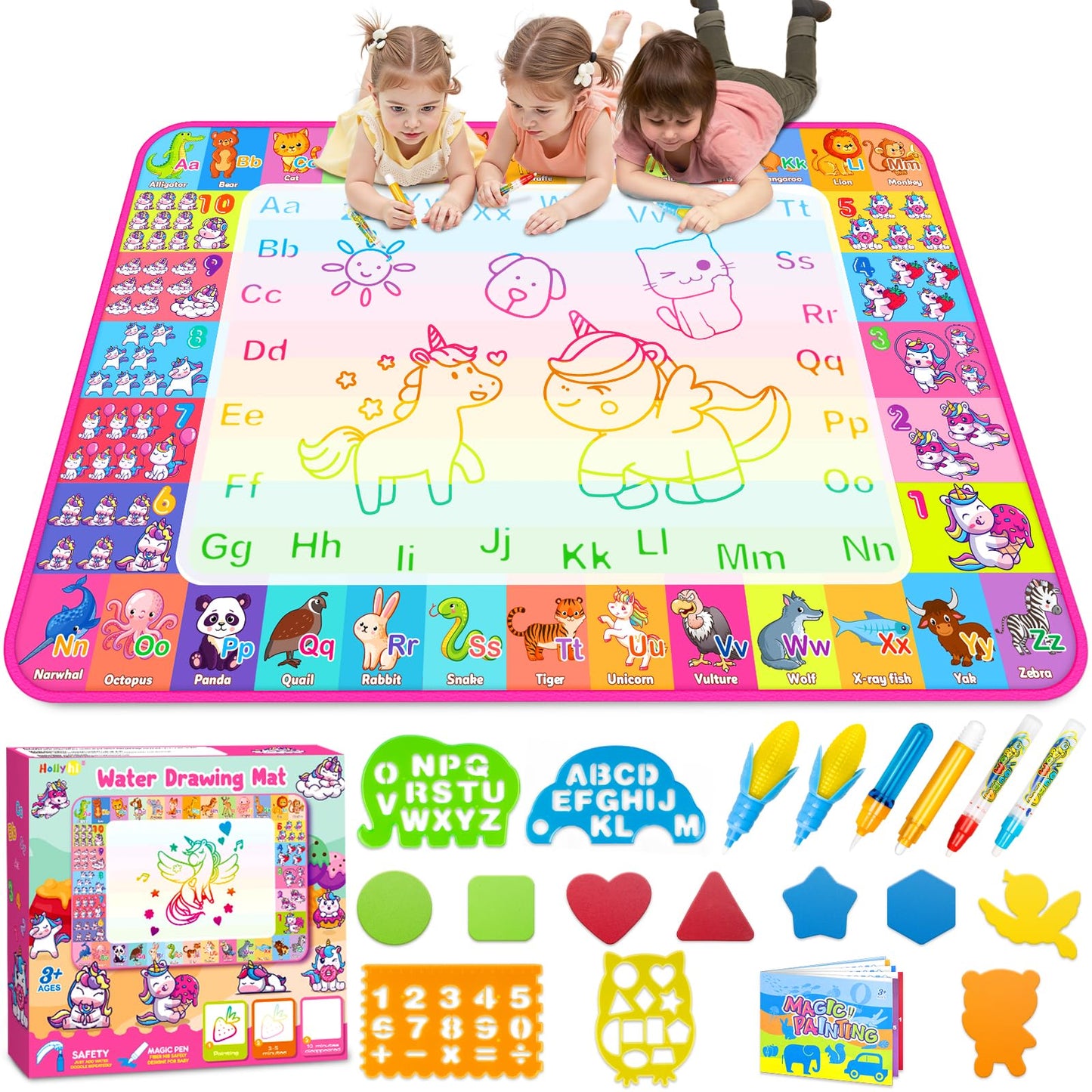 Aqua Water Doodle Mat - Kids Drawing Mat Toddlers Educational Toys for Age 3 4 5 6 7 8 Year Old Boys Girls Gifts - Neon Color Mat Doodle Board Writing
